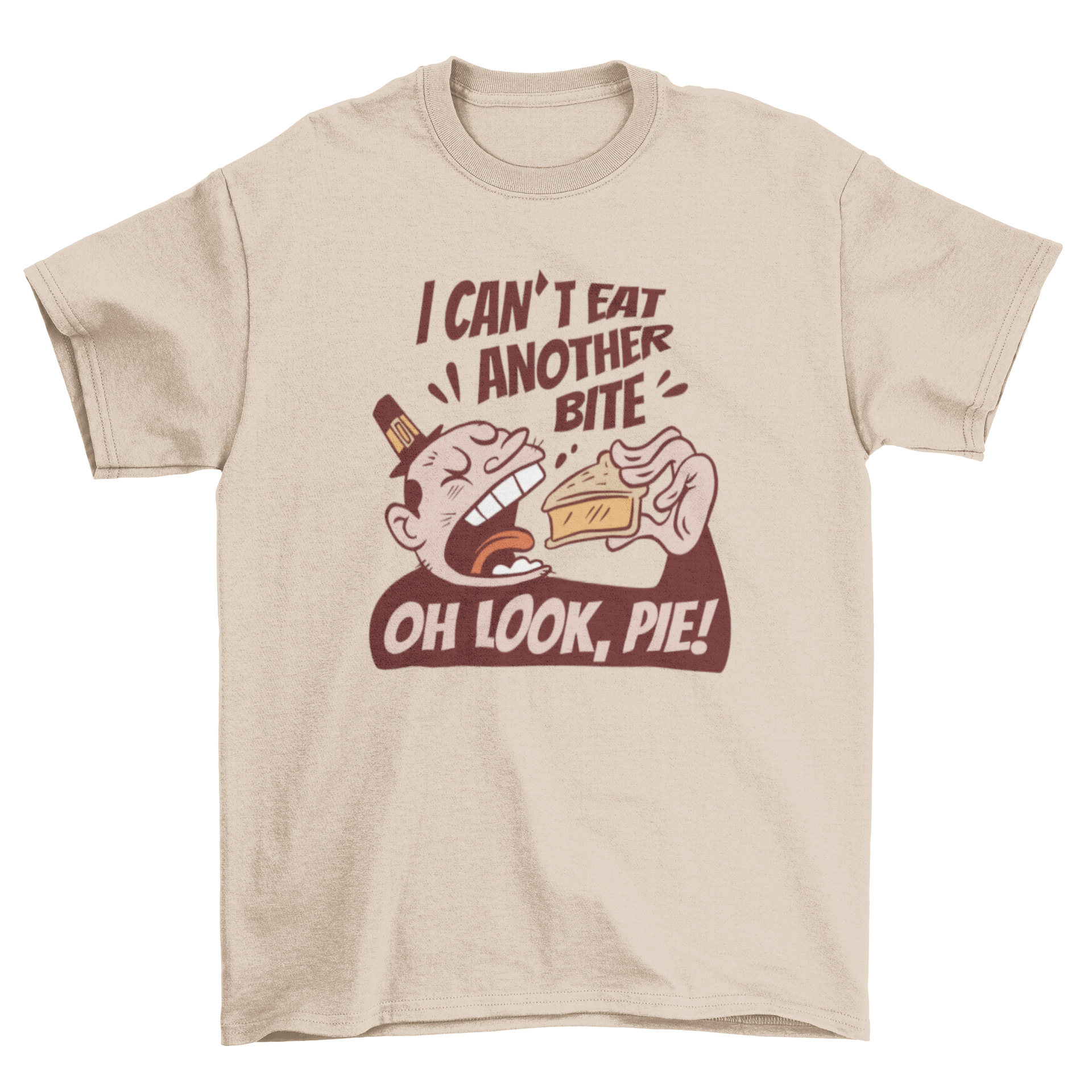 Thanksgiving t-shirt design featuring a man happily eating a slice of pie, perfect for holiday celebrations.