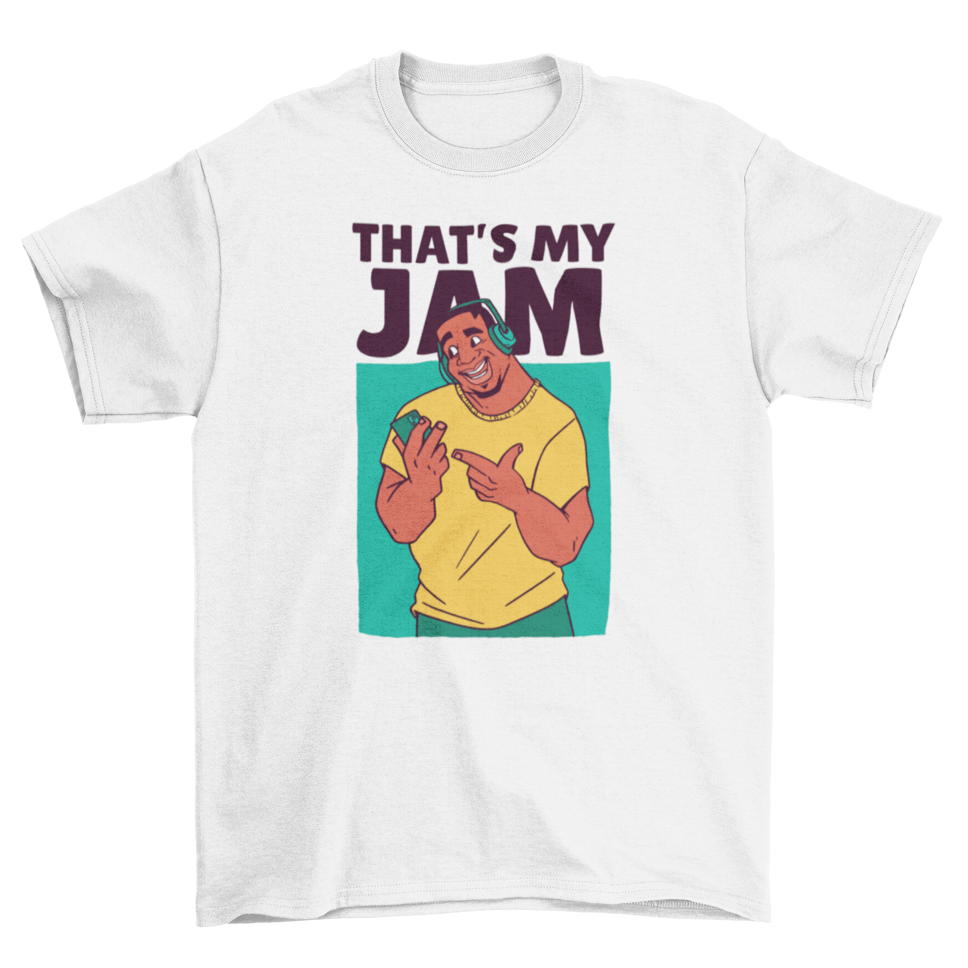 A vibrant cartoon t-shirt featuring a cool man character with the quote 'That's my jam' in a fun font.