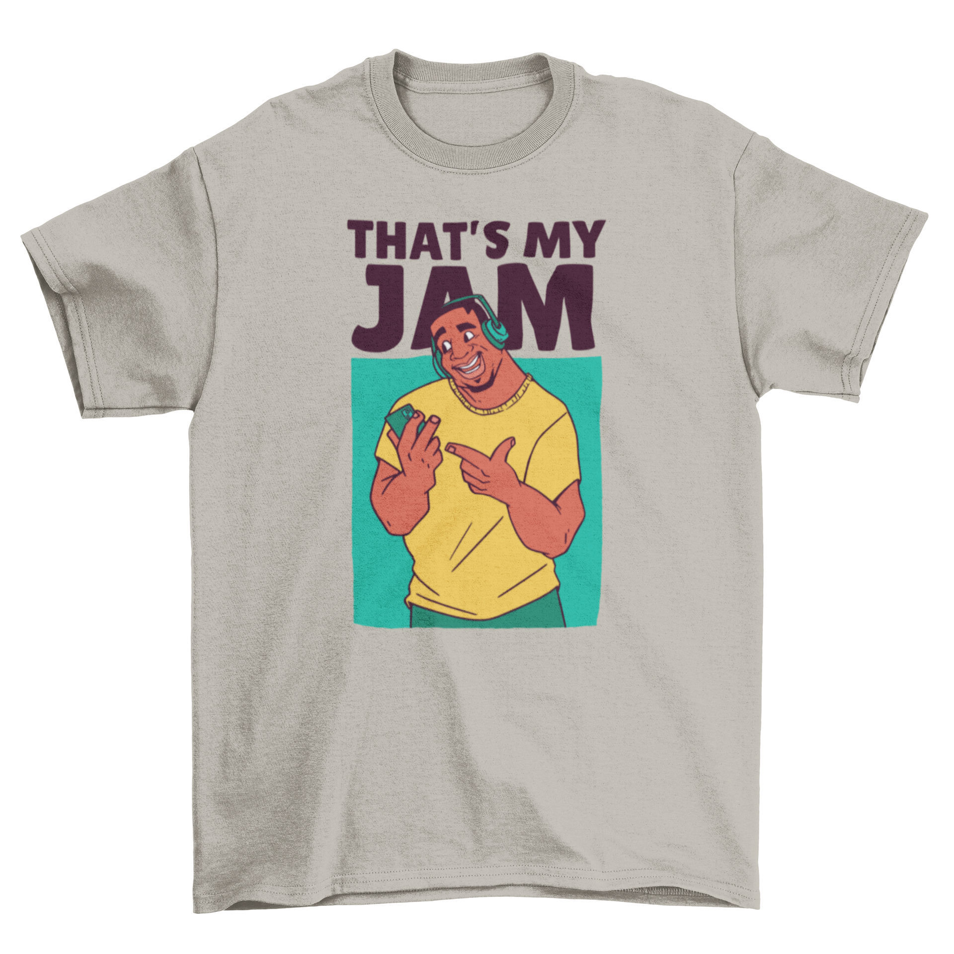 A vibrant cartoon t-shirt featuring a cool man character with the quote 'That's my jam' in a fun font.