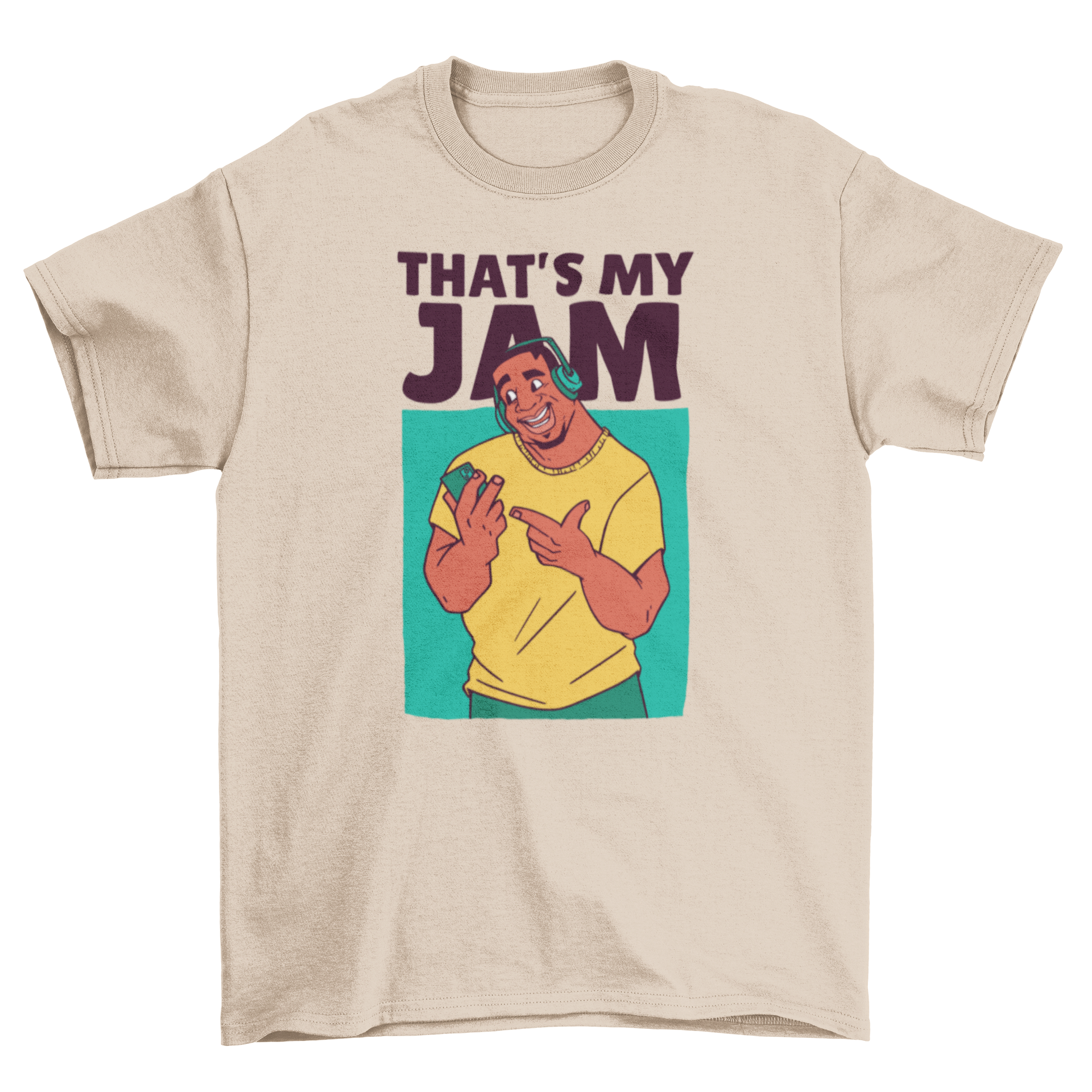 A vibrant cartoon t-shirt featuring a cool man character with the quote 'That's my jam' in a fun font.