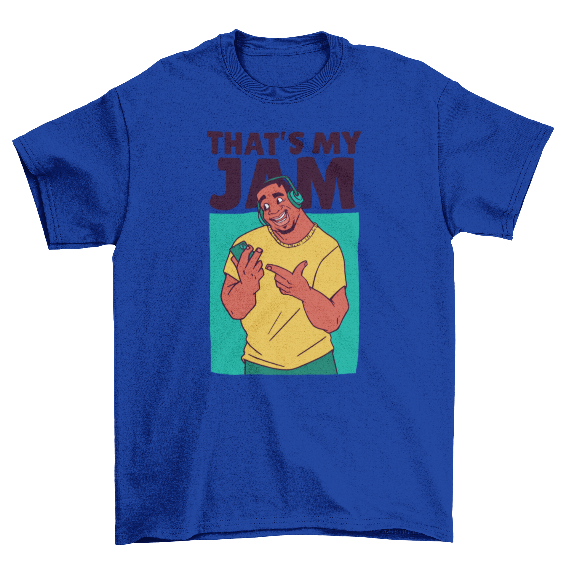 A vibrant cartoon t-shirt featuring a cool man character with the quote 'That's my jam' in a fun font.