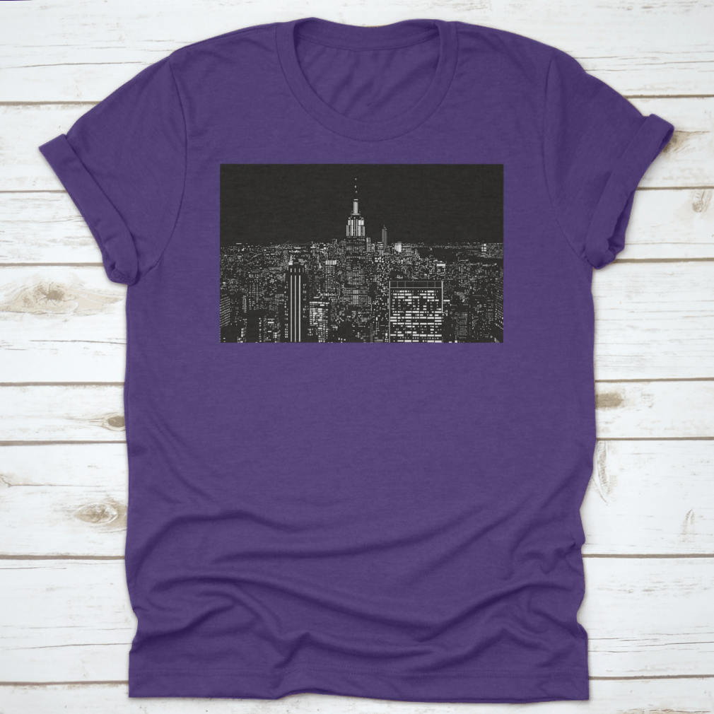 A stylish cotton t-shirt featuring a stunning night view of New York City, showcasing vibrant colors and a classic fit.