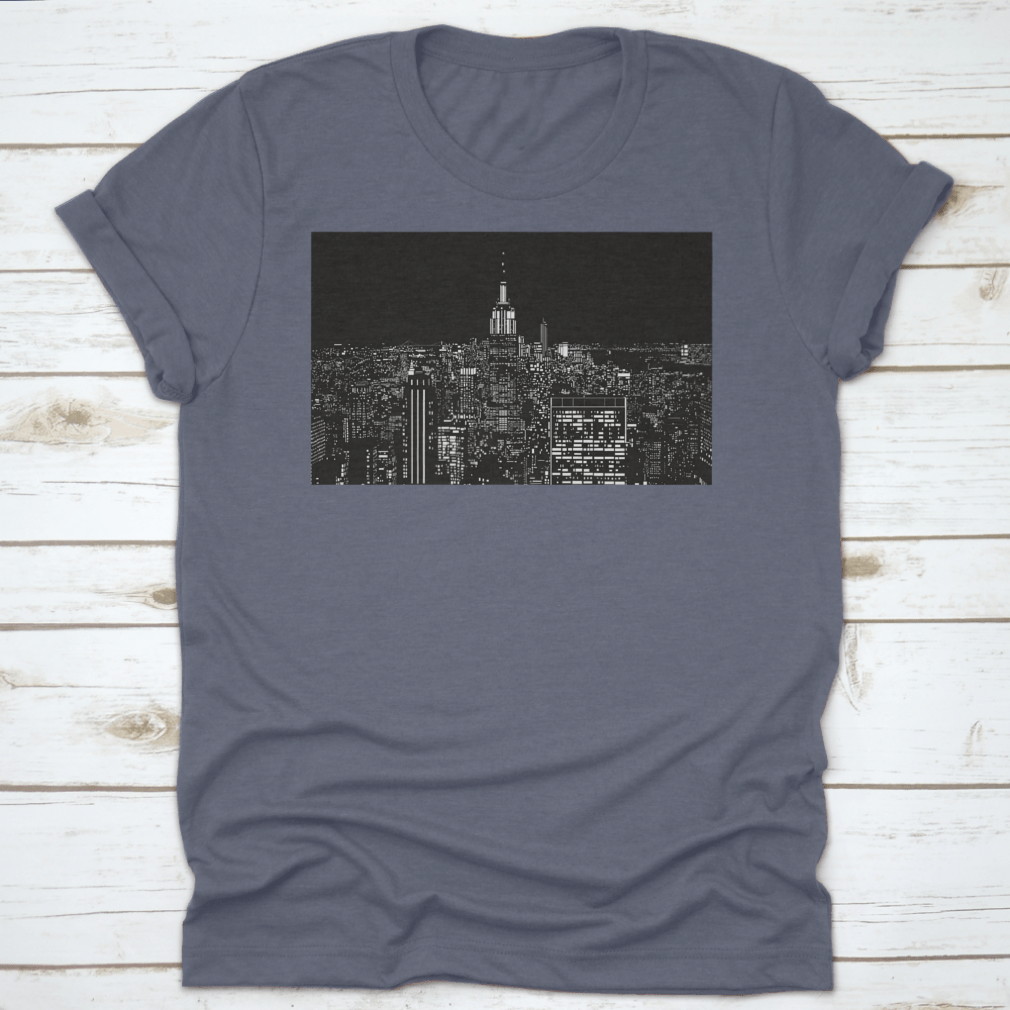 A stylish cotton t-shirt featuring a stunning night view of New York City, showcasing vibrant colors and a classic fit.