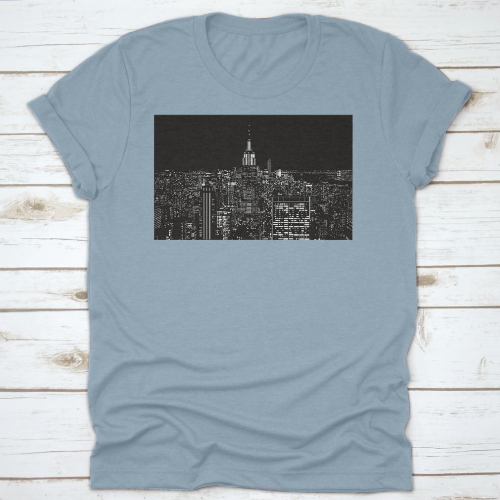 A stylish cotton t-shirt featuring a stunning night view of New York City, showcasing vibrant colors and a classic fit.