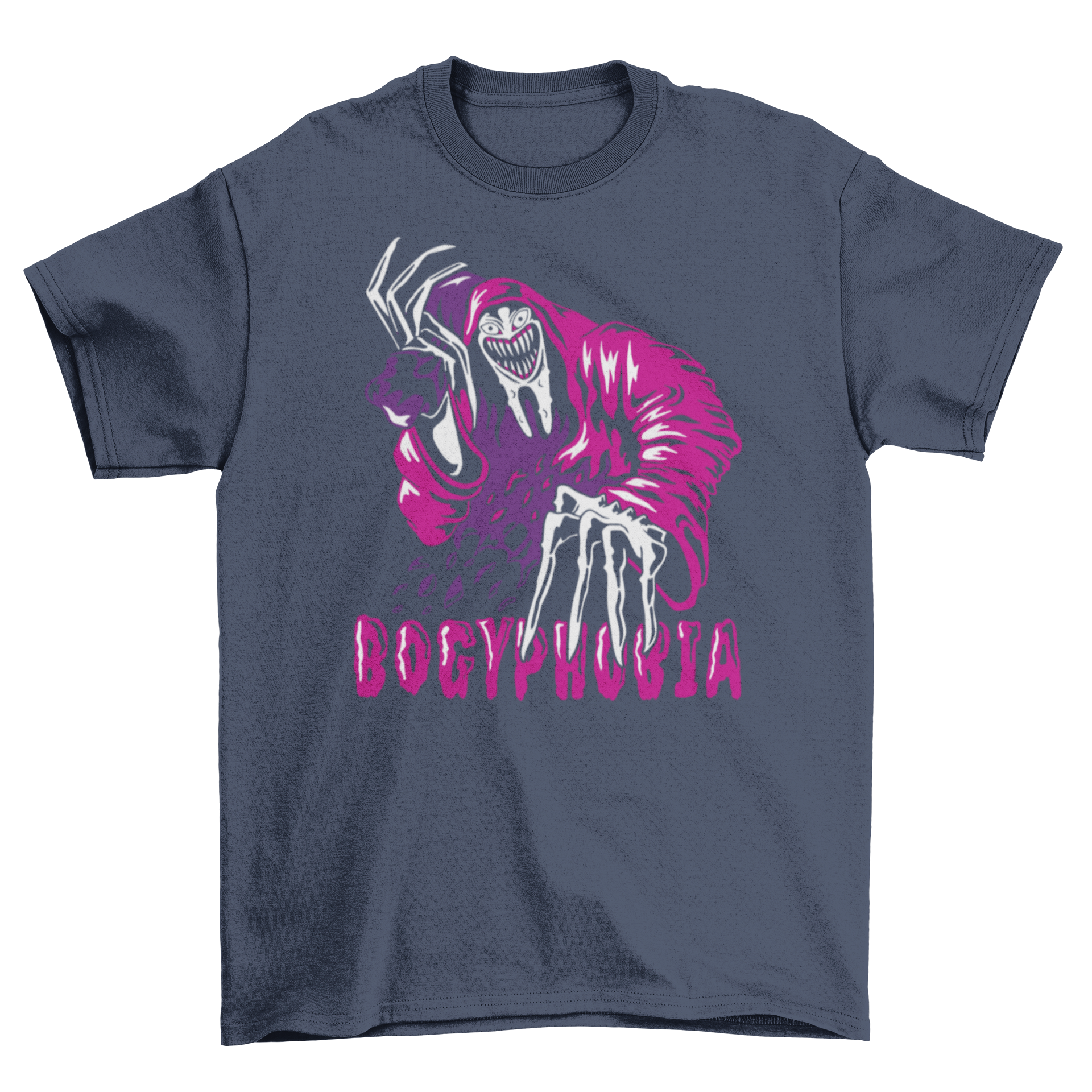 A creepy Bogeyman t-shirt featuring a striking design and the caption 'Bogyphobia', perfect for horror enthusiasts.