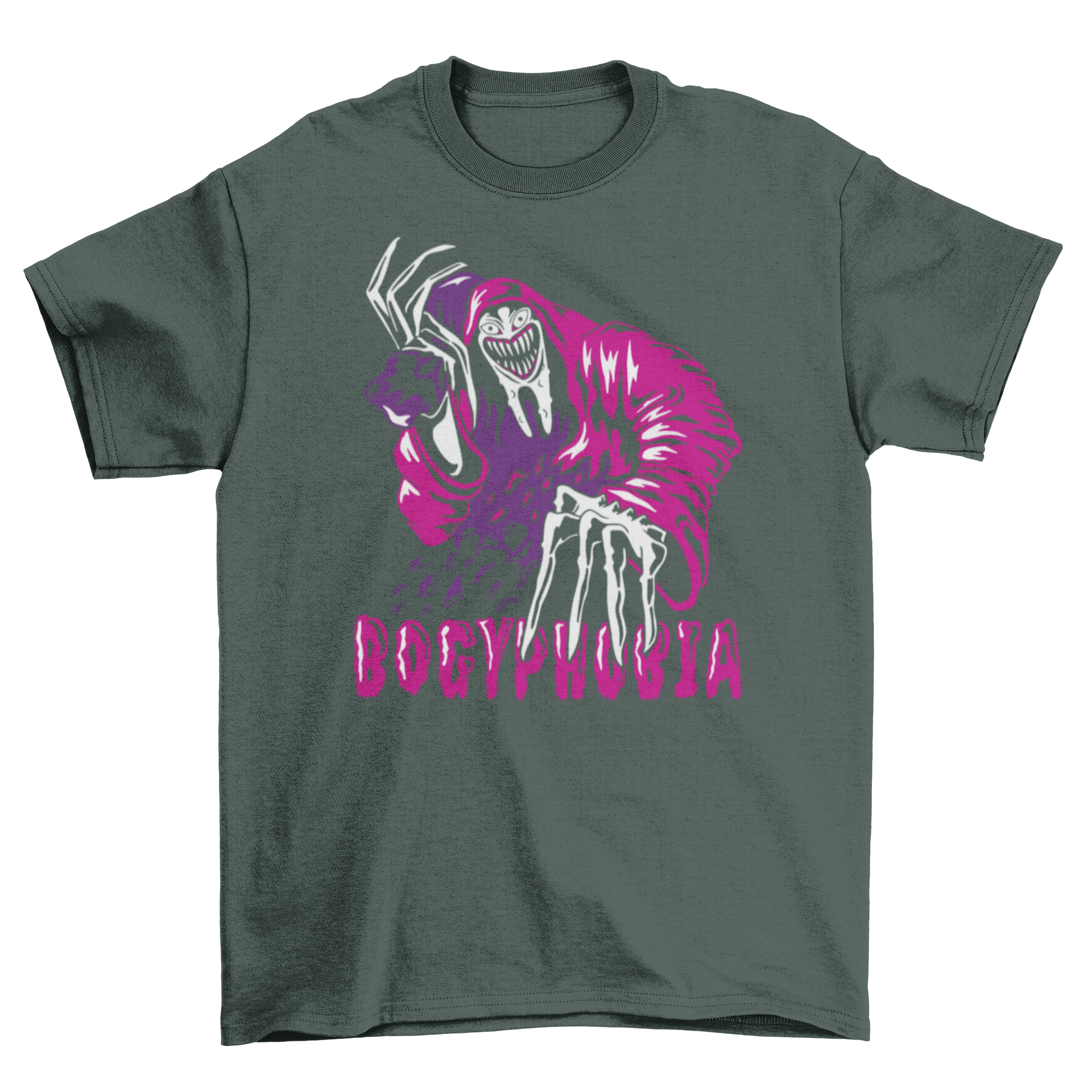 A creepy Bogeyman t-shirt featuring a striking design and the caption 'Bogyphobia', perfect for horror enthusiasts.