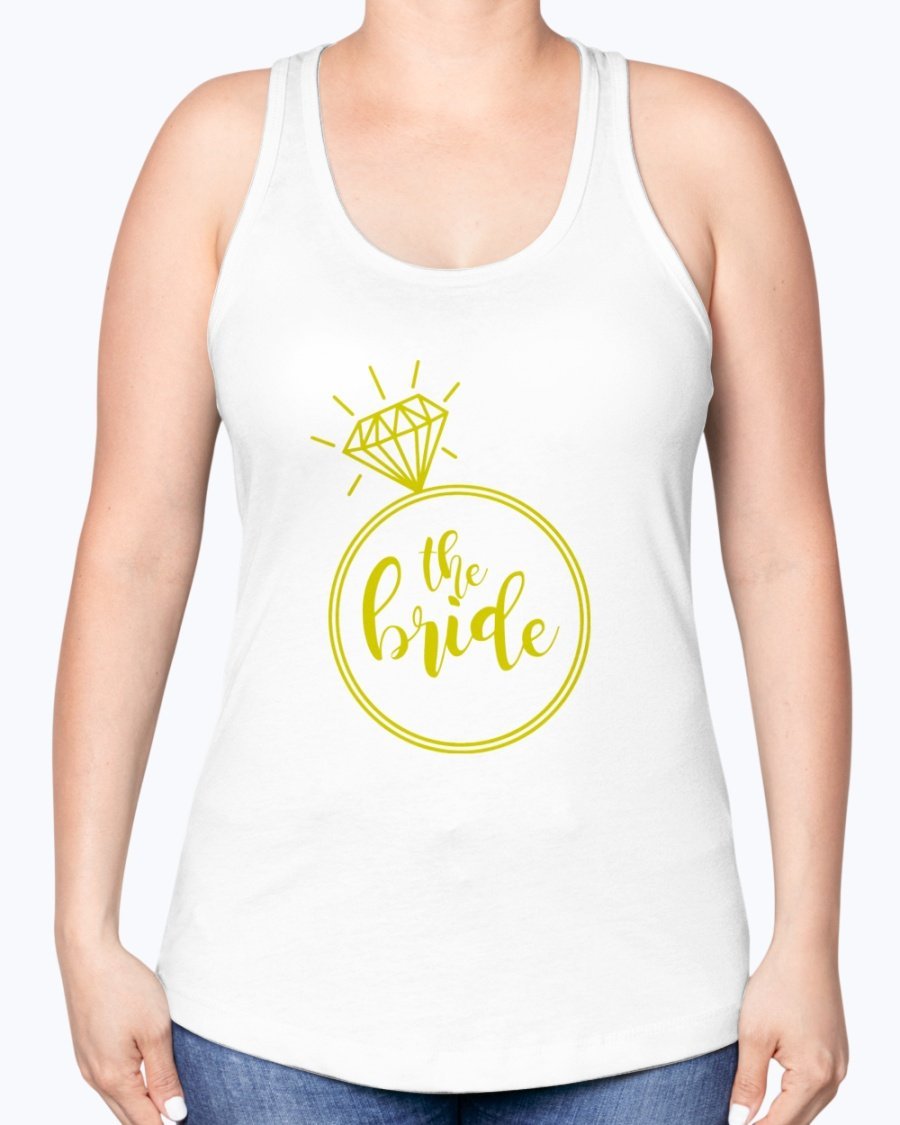 The Bride Racerback Tank featuring a diamond ring design, perfect for bridal parties and wedding celebrations.