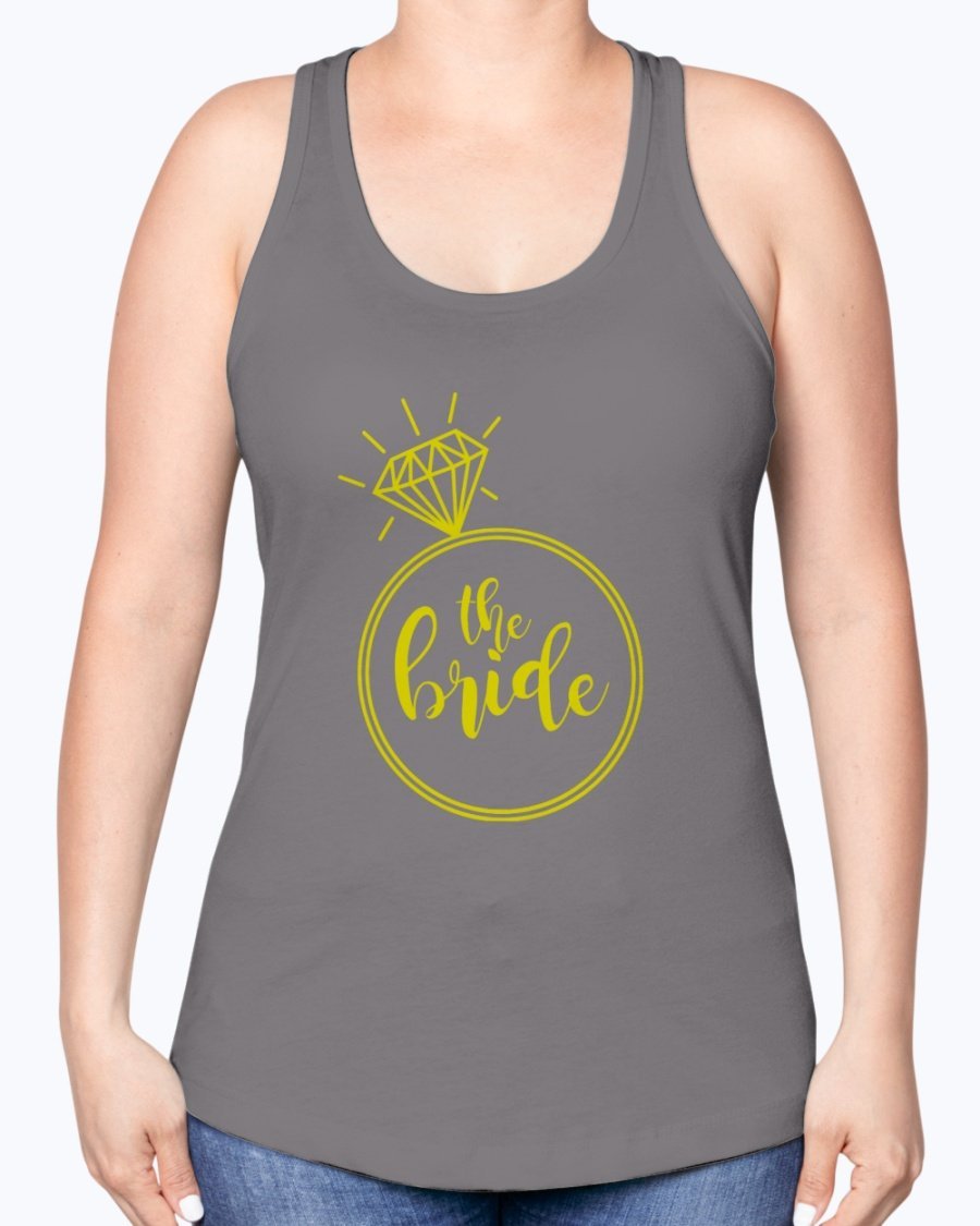 The Bride Racerback Tank featuring a diamond ring design, perfect for bridal parties and wedding celebrations.