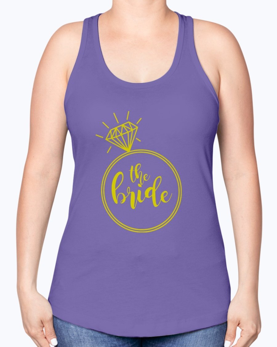 The Bride Racerback Tank featuring a diamond ring design, perfect for bridal parties and wedding celebrations.