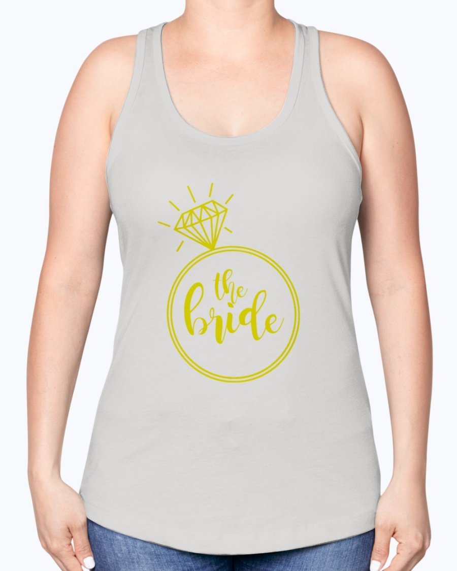 The Bride Racerback Tank featuring a diamond ring design, perfect for bridal parties and wedding celebrations.