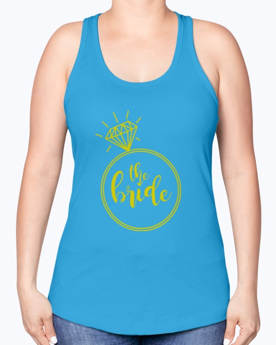 The Bride Racerback Tank featuring a diamond ring design, perfect for bridal parties and wedding celebrations.