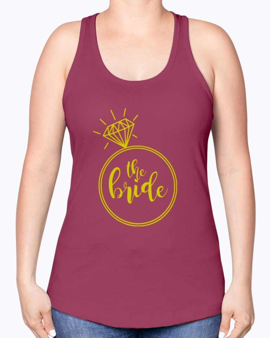 The Bride Racerback Tank featuring a diamond ring design, perfect for bridal parties and wedding celebrations.