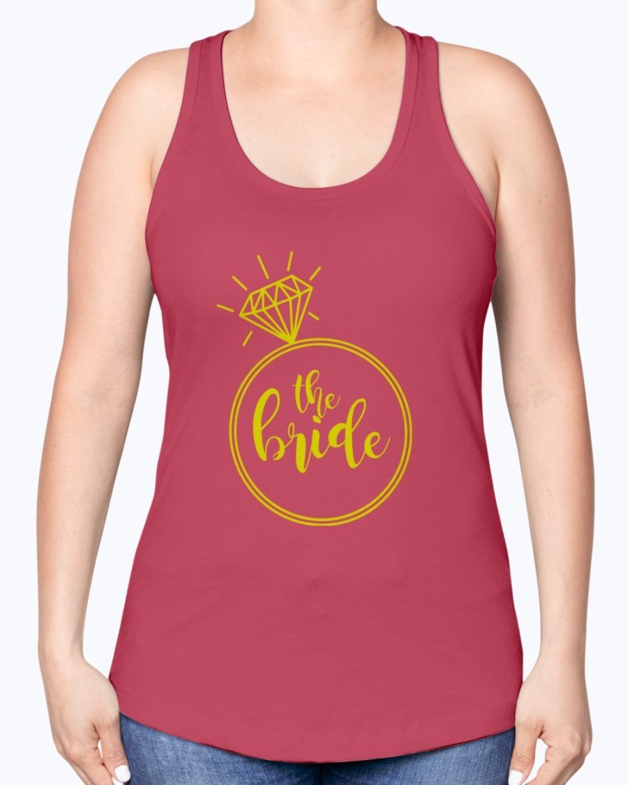 The Bride Racerback Tank featuring a diamond ring design, perfect for bridal parties and wedding celebrations.