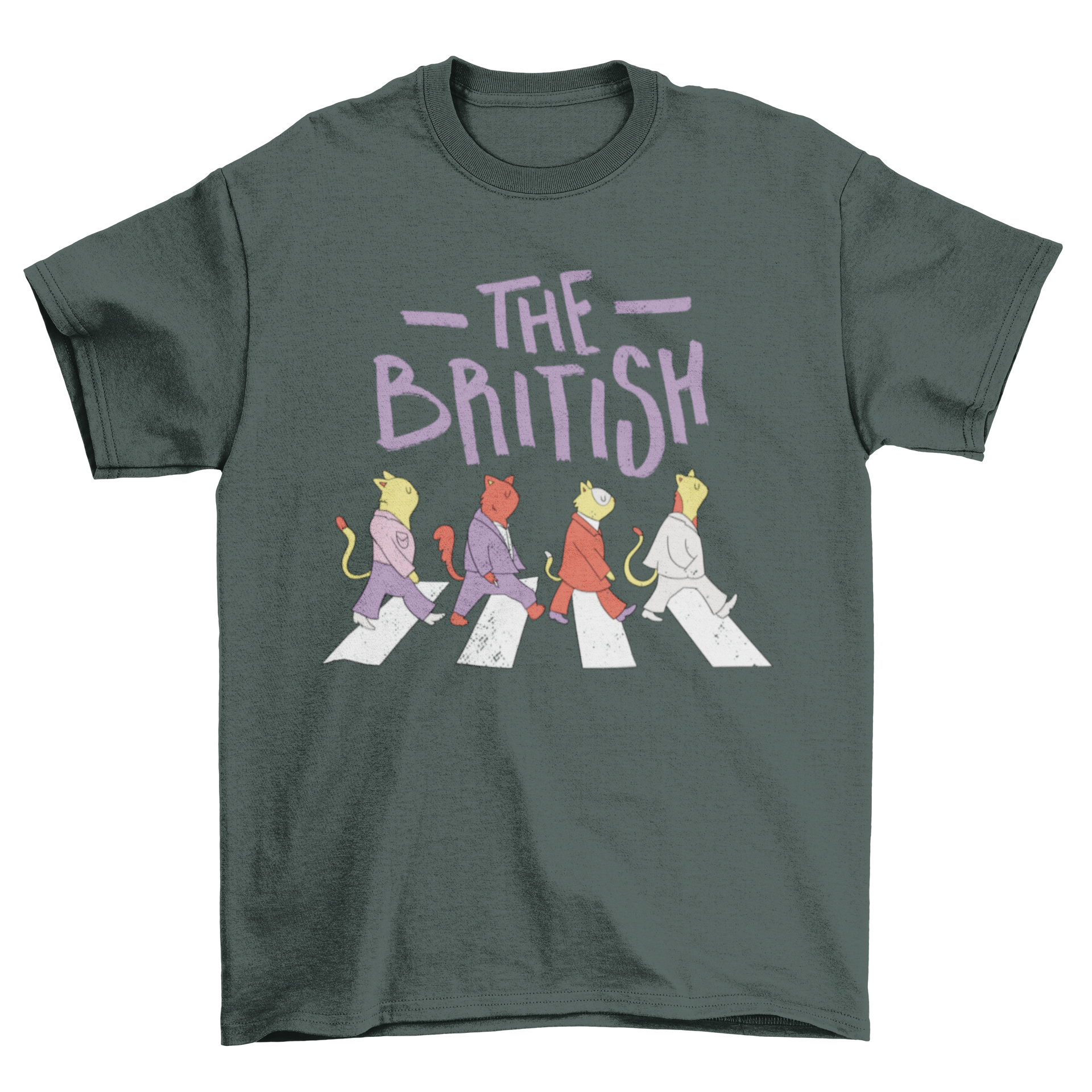 A whimsical t-shirt design featuring various animals in suits crossing the street with the phrase 'The British' above them.