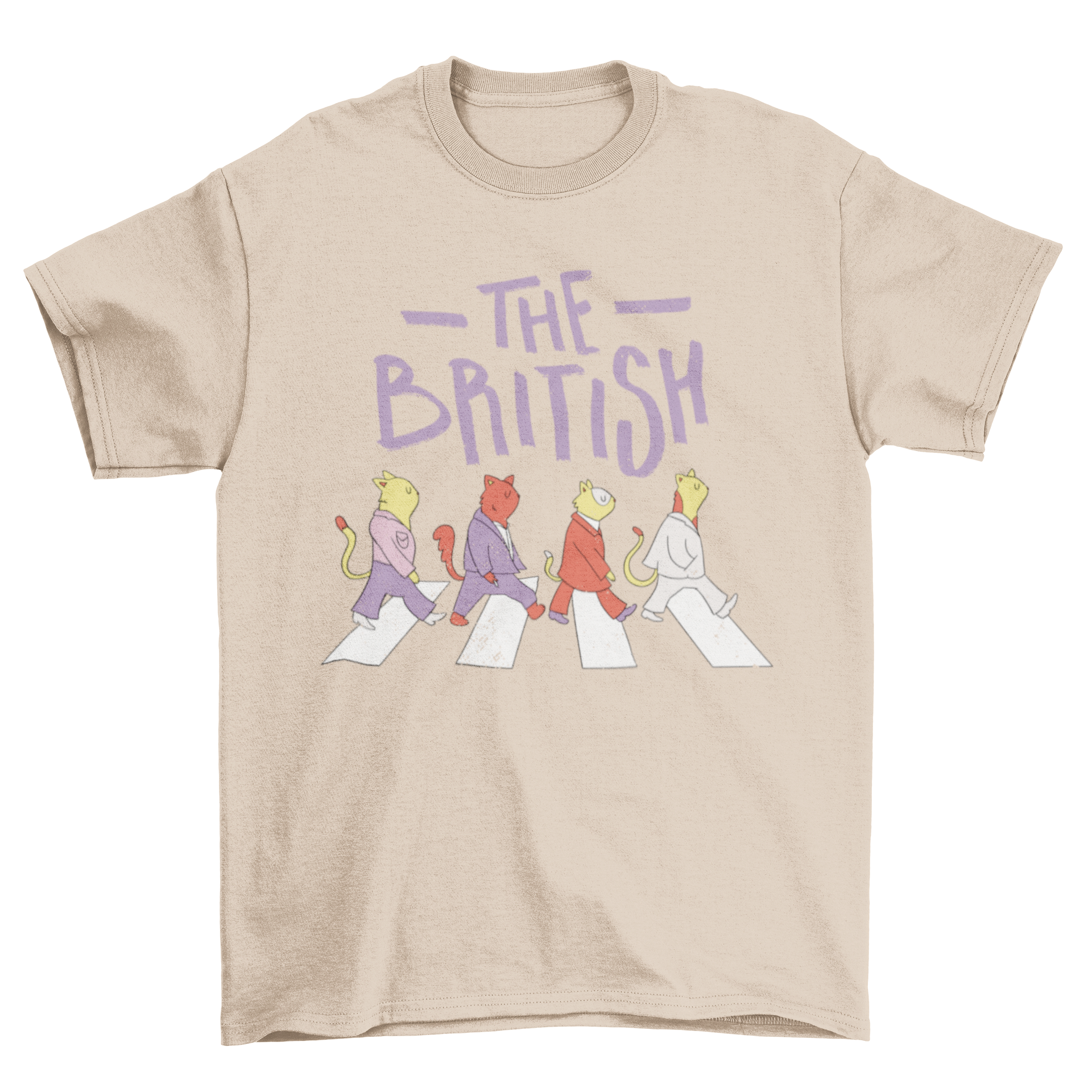 A whimsical t-shirt design featuring various animals in suits crossing the street with the phrase 'The British' above them.