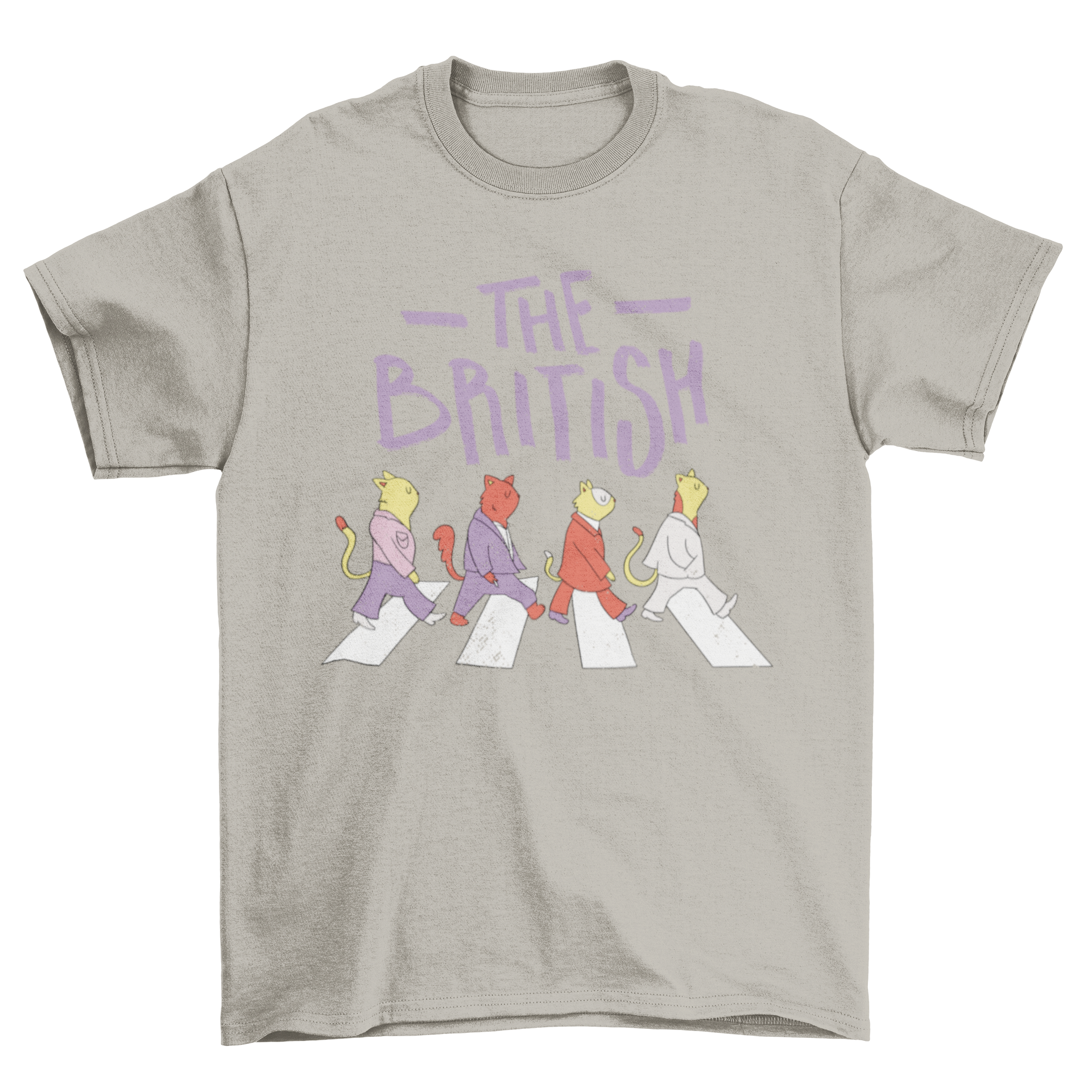 A whimsical t-shirt design featuring various animals in suits crossing the street with the phrase 'The British' above them.