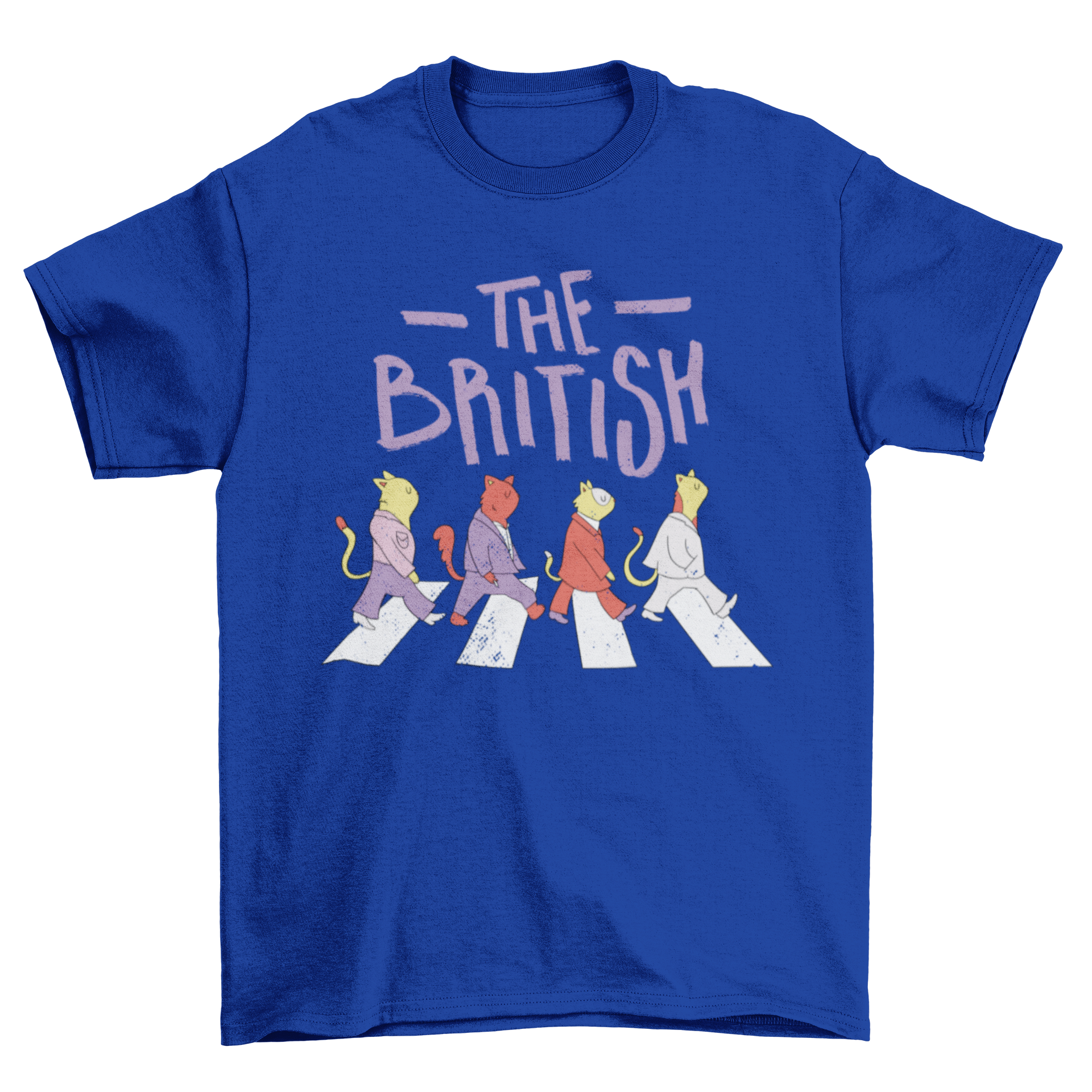 A whimsical t-shirt design featuring various animals in suits crossing the street with the phrase 'The British' above them.