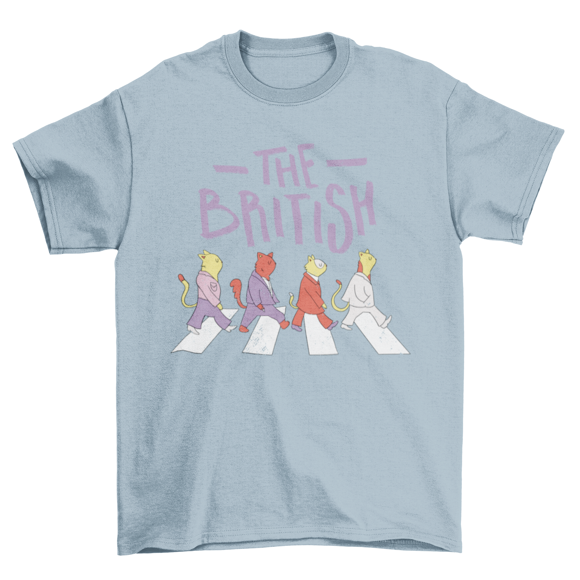 A whimsical t-shirt design featuring various animals in suits crossing the street with the phrase 'The British' above them.