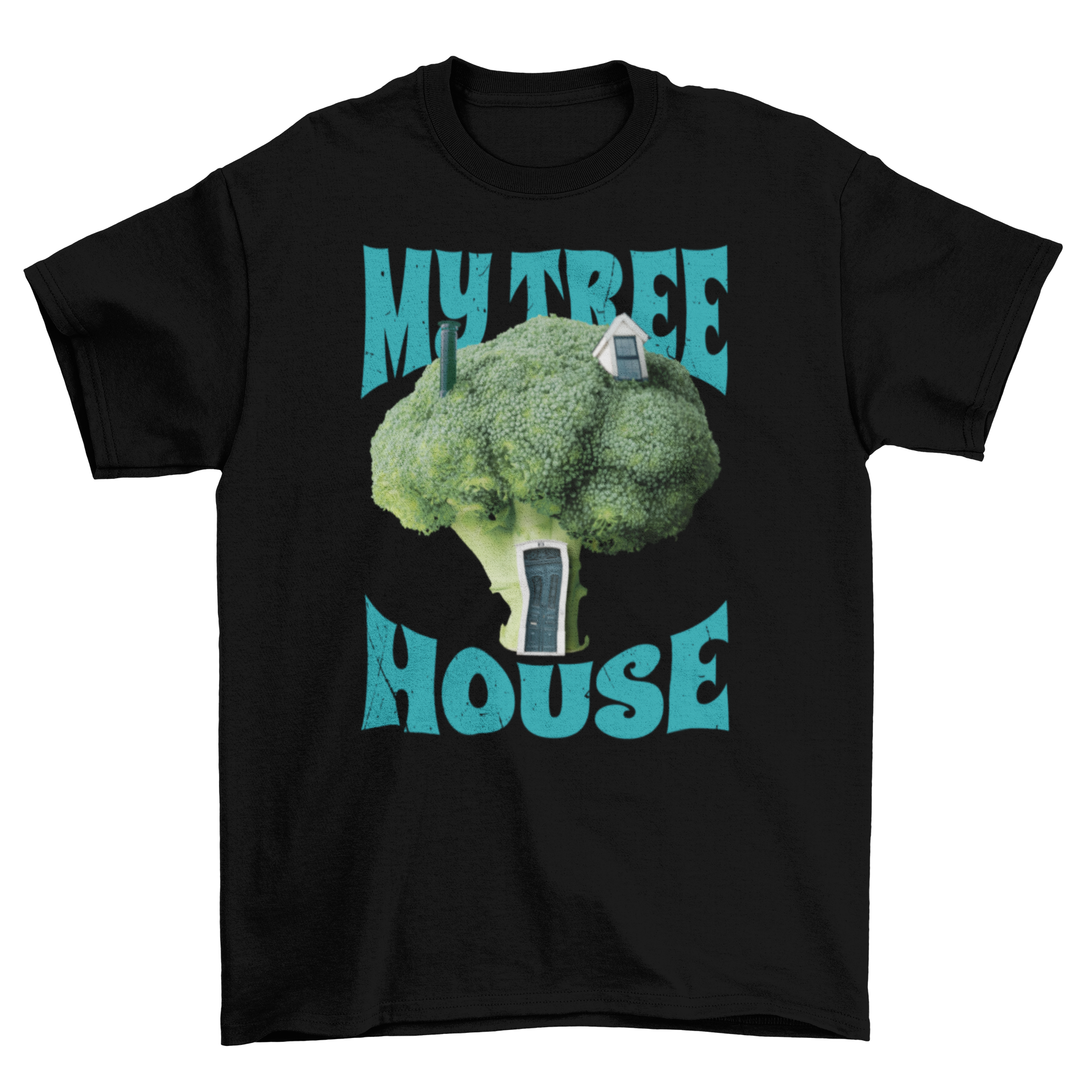 A playful t-shirt featuring a whimsical broccoli tree house design with the quote 'My tree house'.