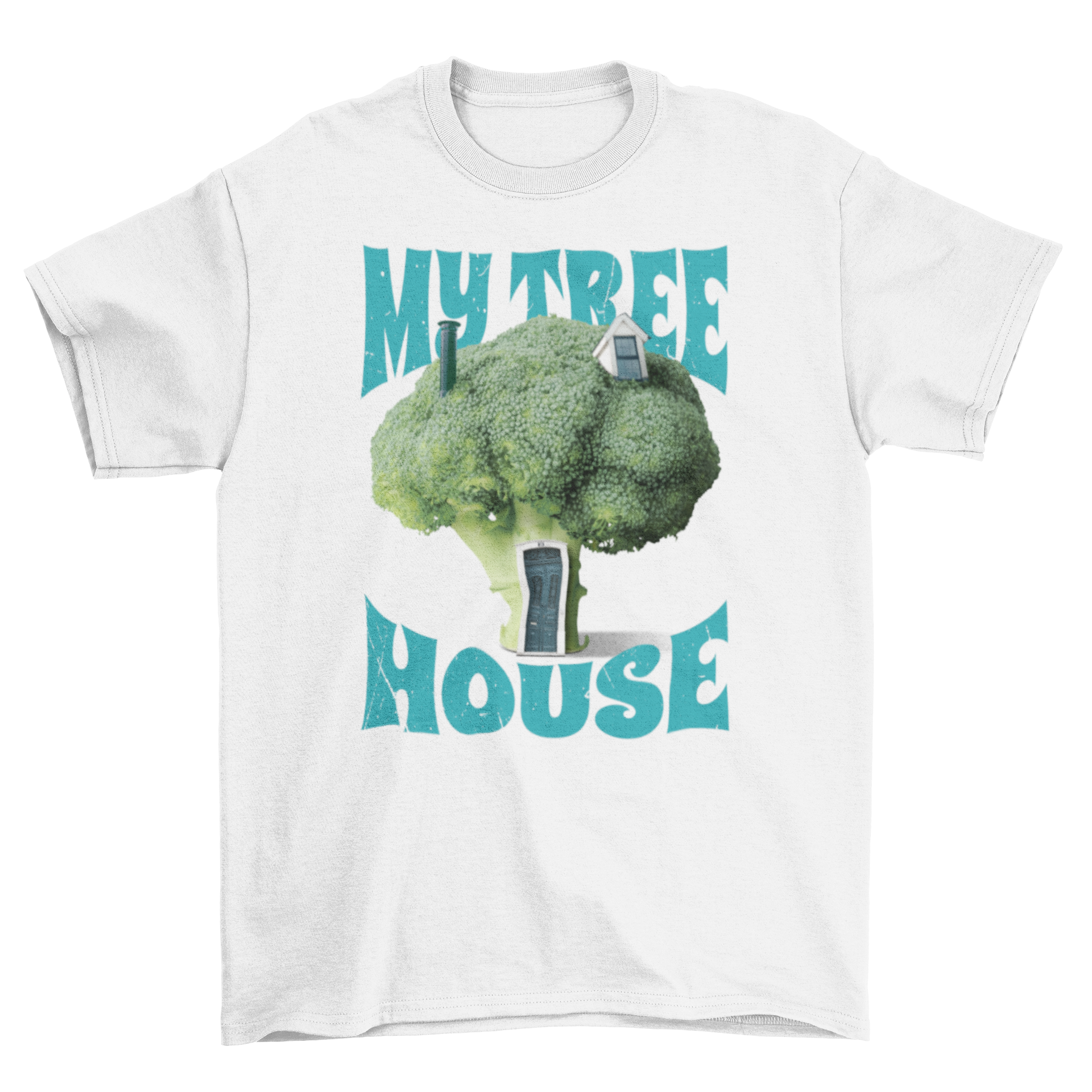 A playful t-shirt featuring a whimsical broccoli tree house design with the quote 'My tree house'.