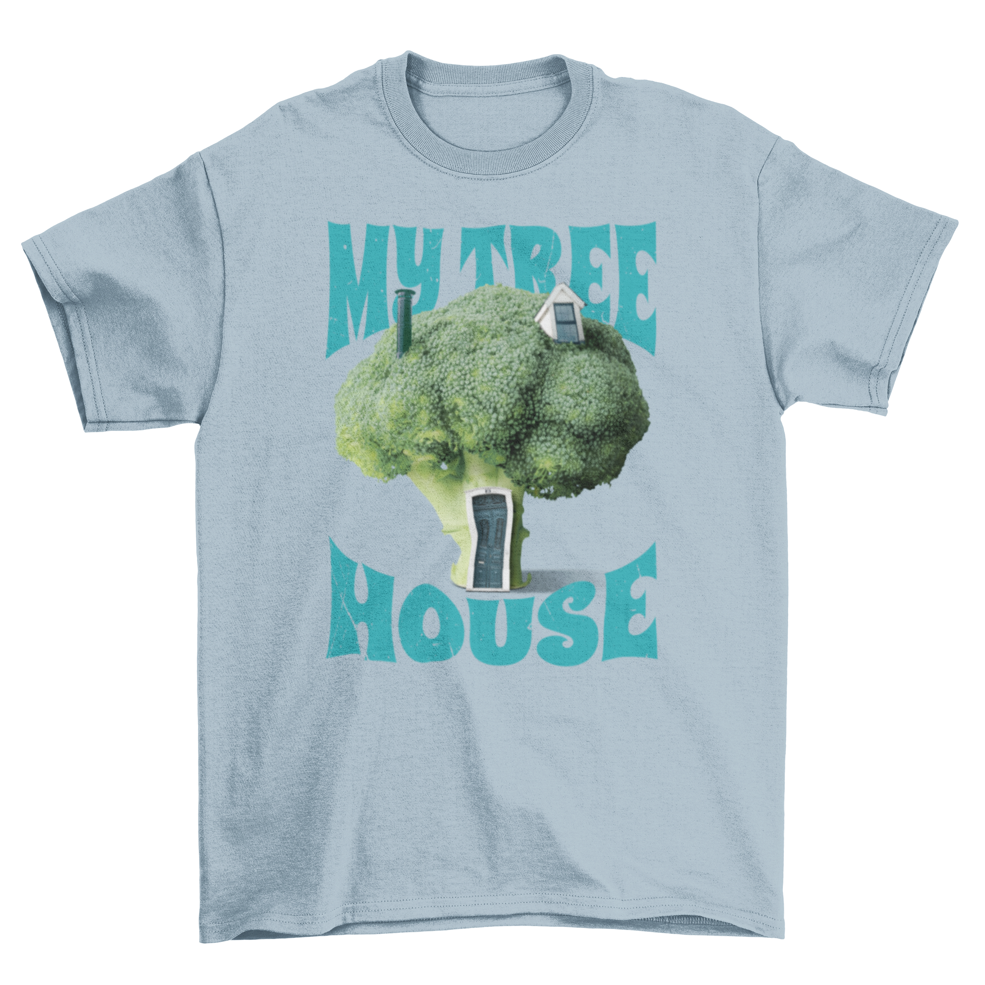 A playful t-shirt featuring a whimsical broccoli tree house design with the quote 'My tree house'.