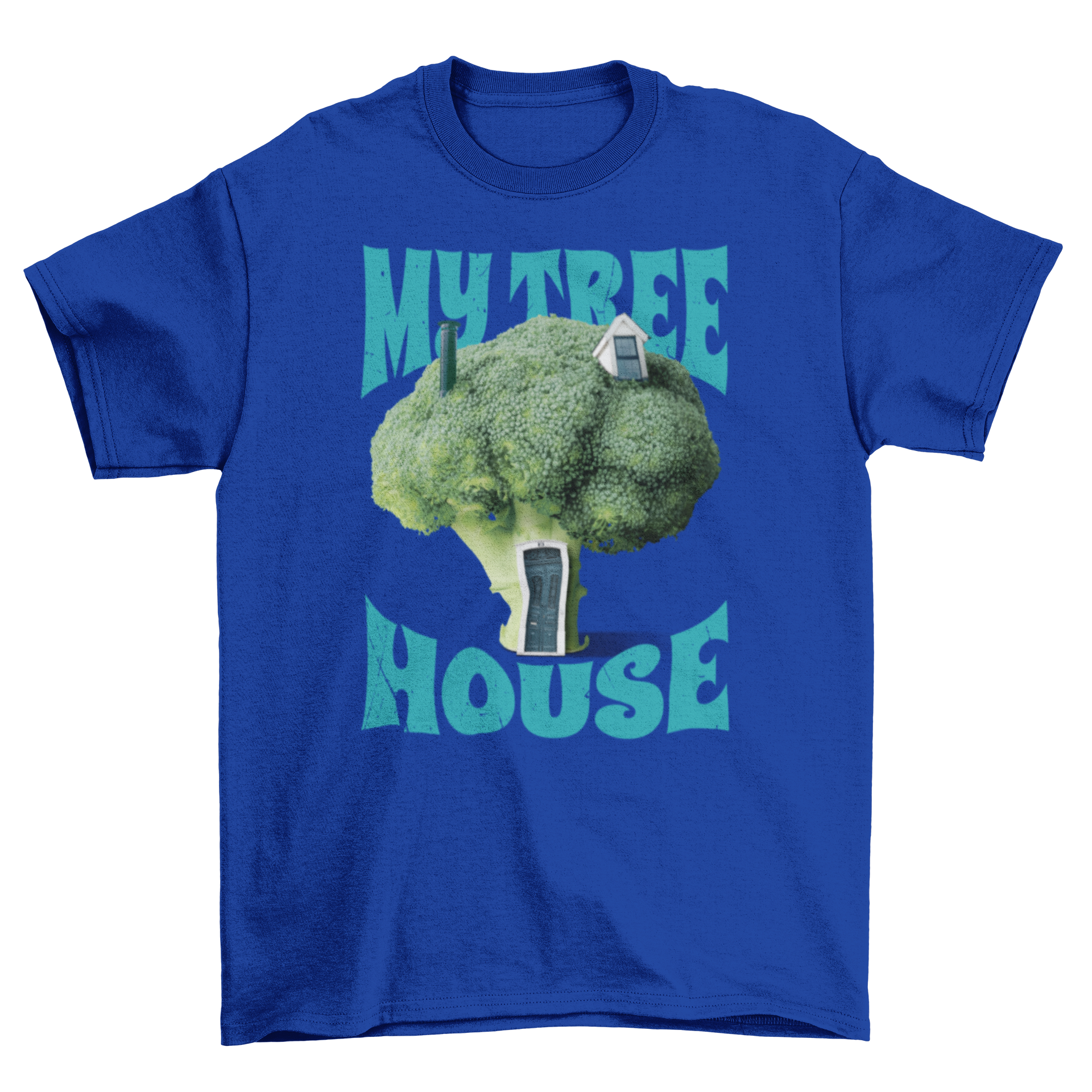 A playful t-shirt featuring a whimsical broccoli tree house design with the quote 'My tree house'.