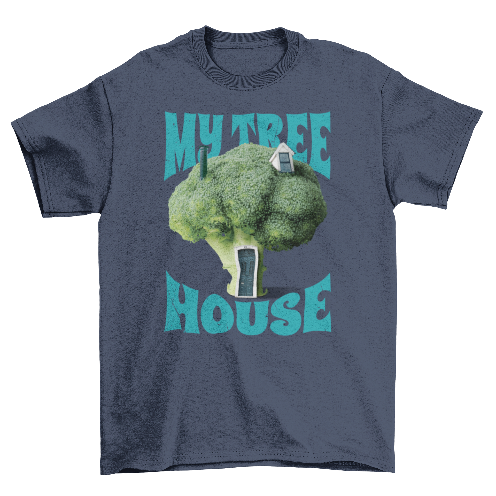 A playful t-shirt featuring a whimsical broccoli tree house design with the quote 'My tree house'.