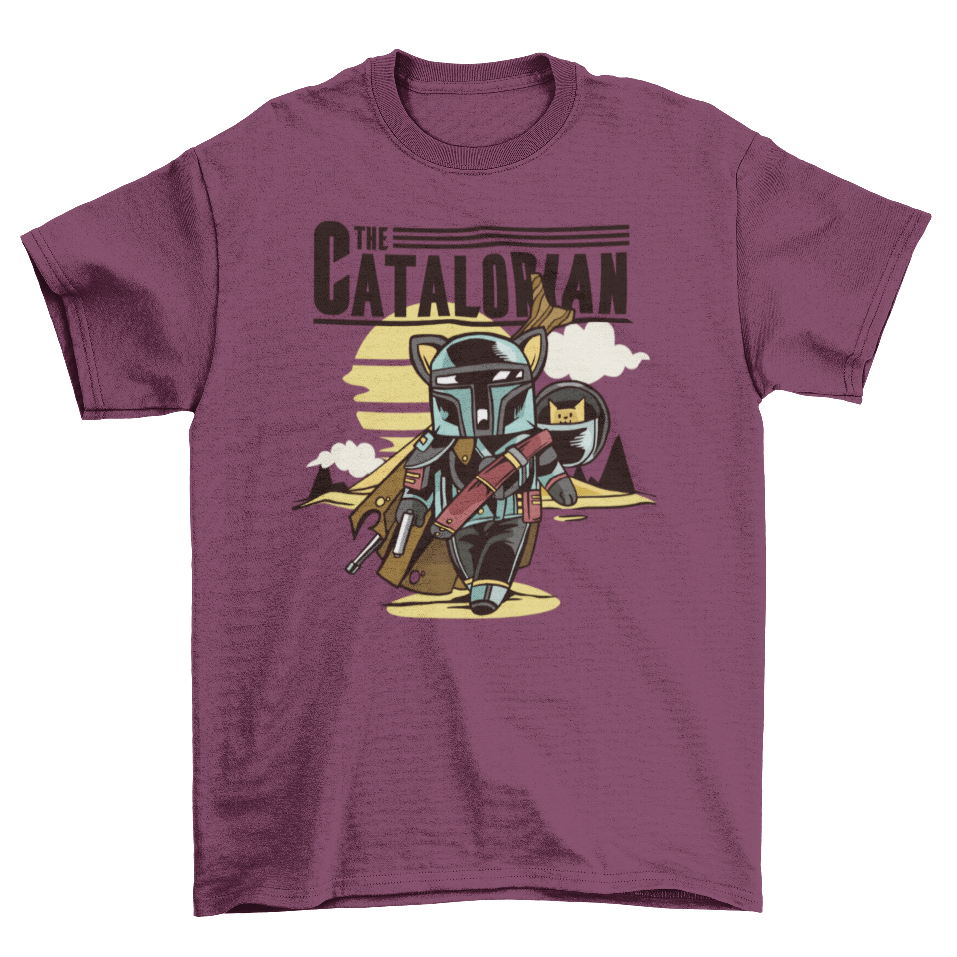 A humorous t-shirt featuring a cat in armor with the caption 'The Catalorian', showcasing a playful design.