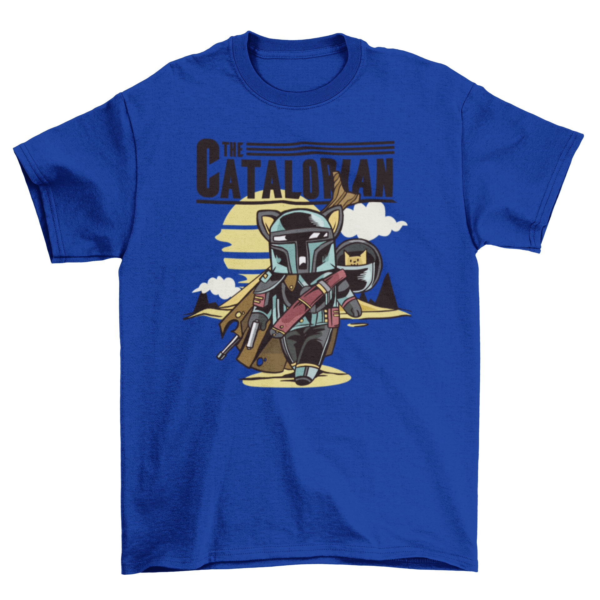 A humorous t-shirt featuring a cat in armor with the caption 'The Catalorian', showcasing a playful design.