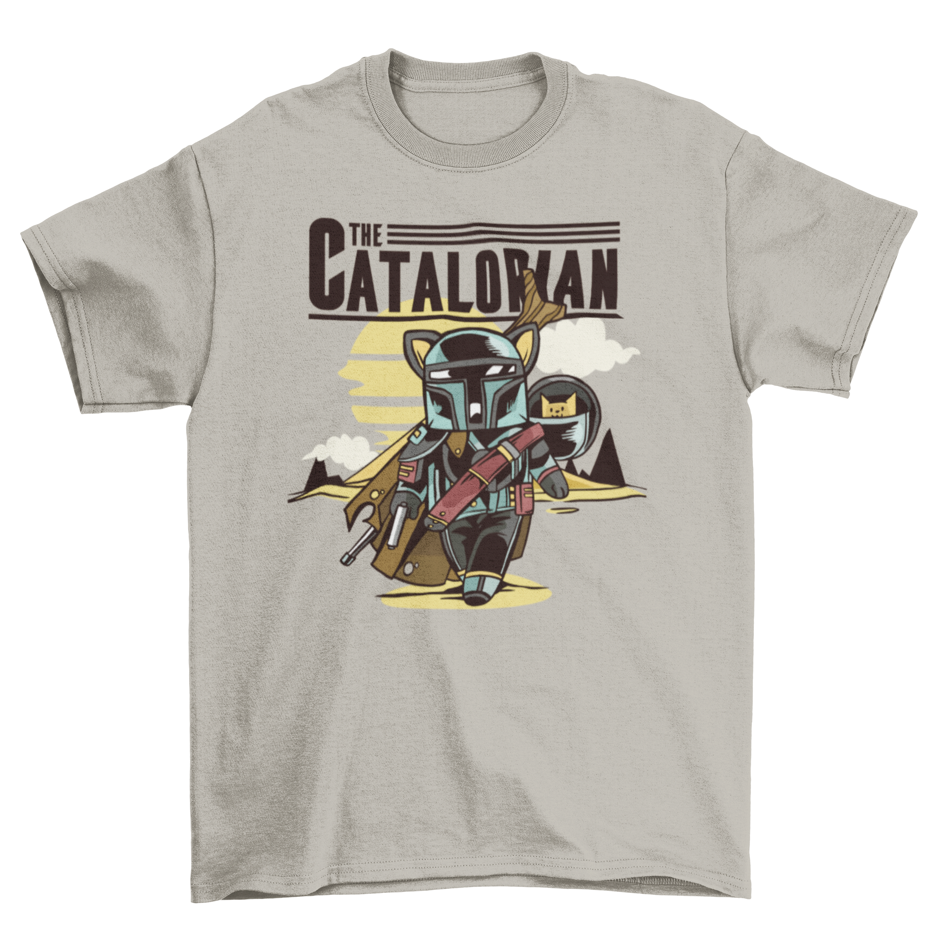 A humorous t-shirt featuring a cat in armor with the caption 'The Catalorian', showcasing a playful design.