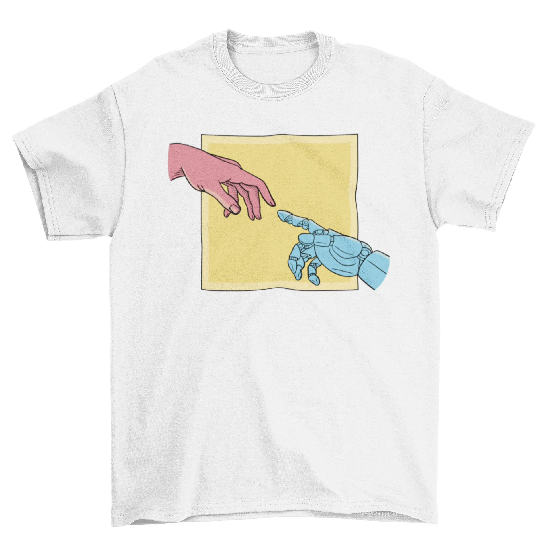 A stylish t-shirt featuring an illustration of a human hand reaching out to a robot hand, inspired by The Creation of Adam.