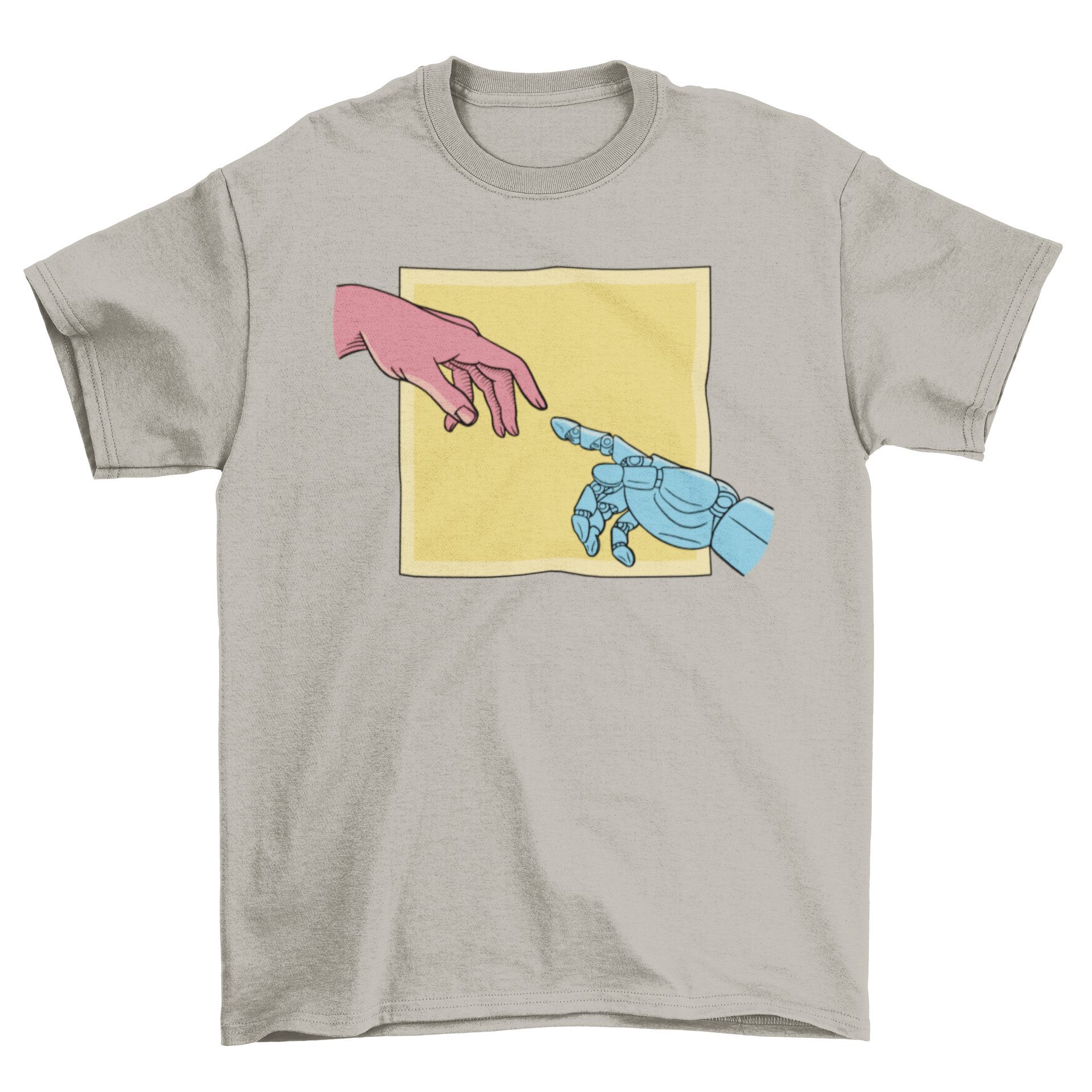 A stylish t-shirt featuring an illustration of a human hand reaching out to a robot hand, inspired by The Creation of Adam.