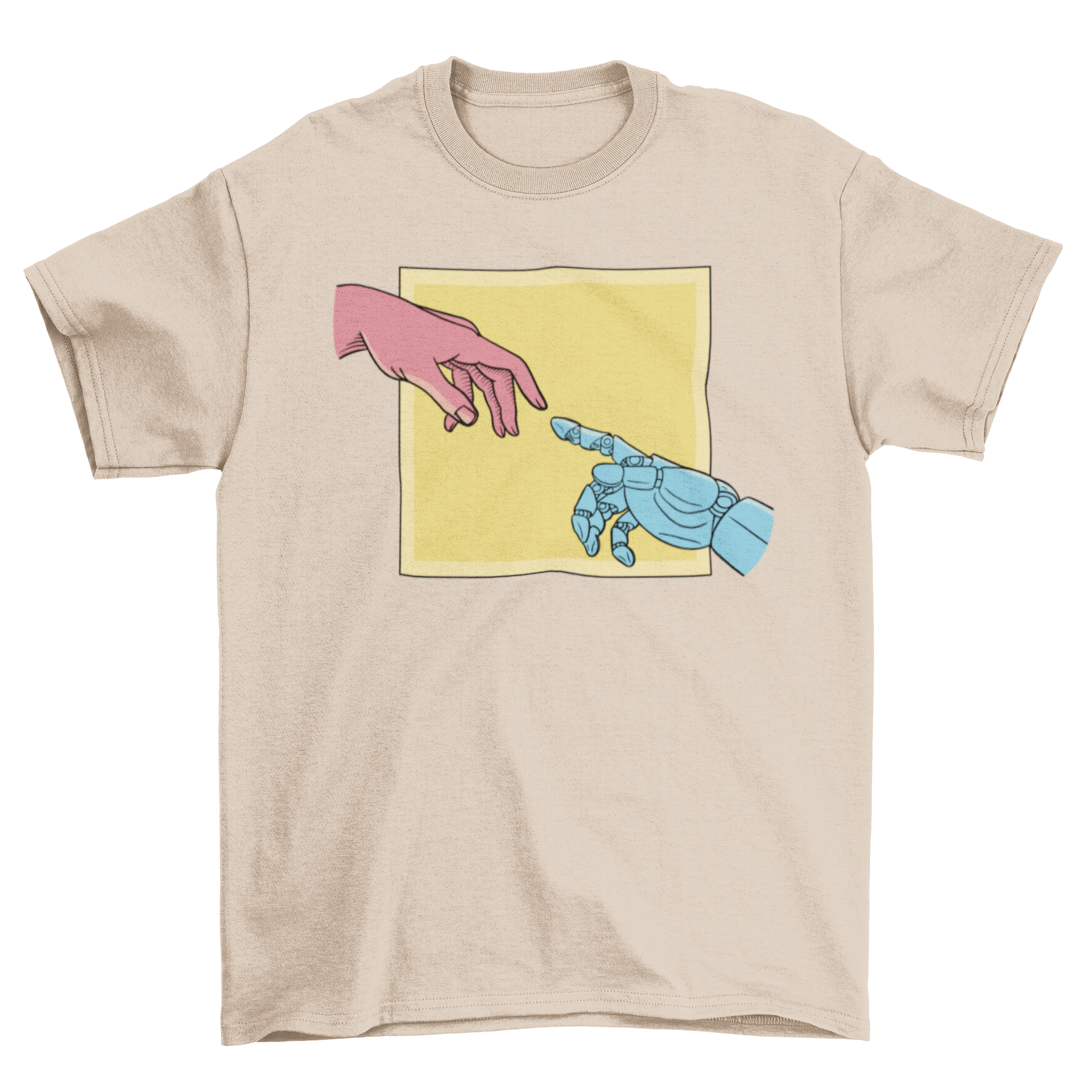 A stylish t-shirt featuring an illustration of a human hand reaching out to a robot hand, inspired by The Creation of Adam.