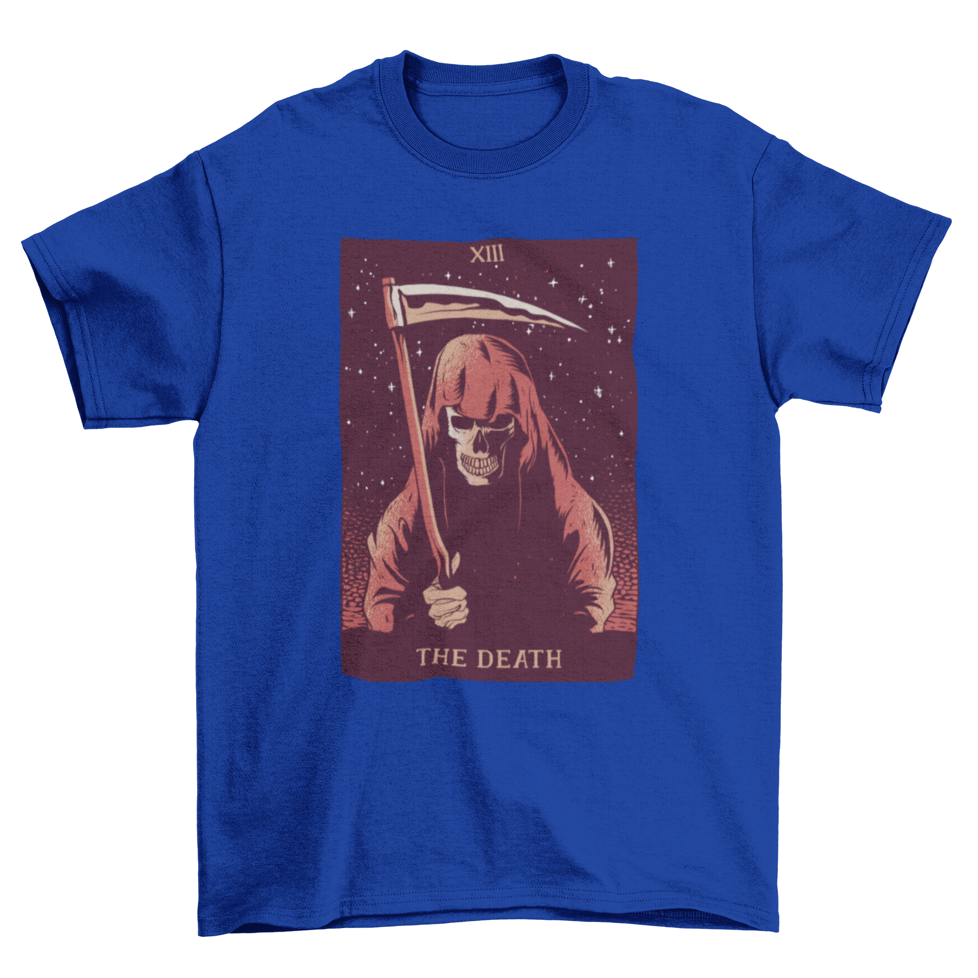 Astrology-themed t-shirt featuring an illustration of 'The Death' tarot card, showcasing intricate designs and vibrant colors.