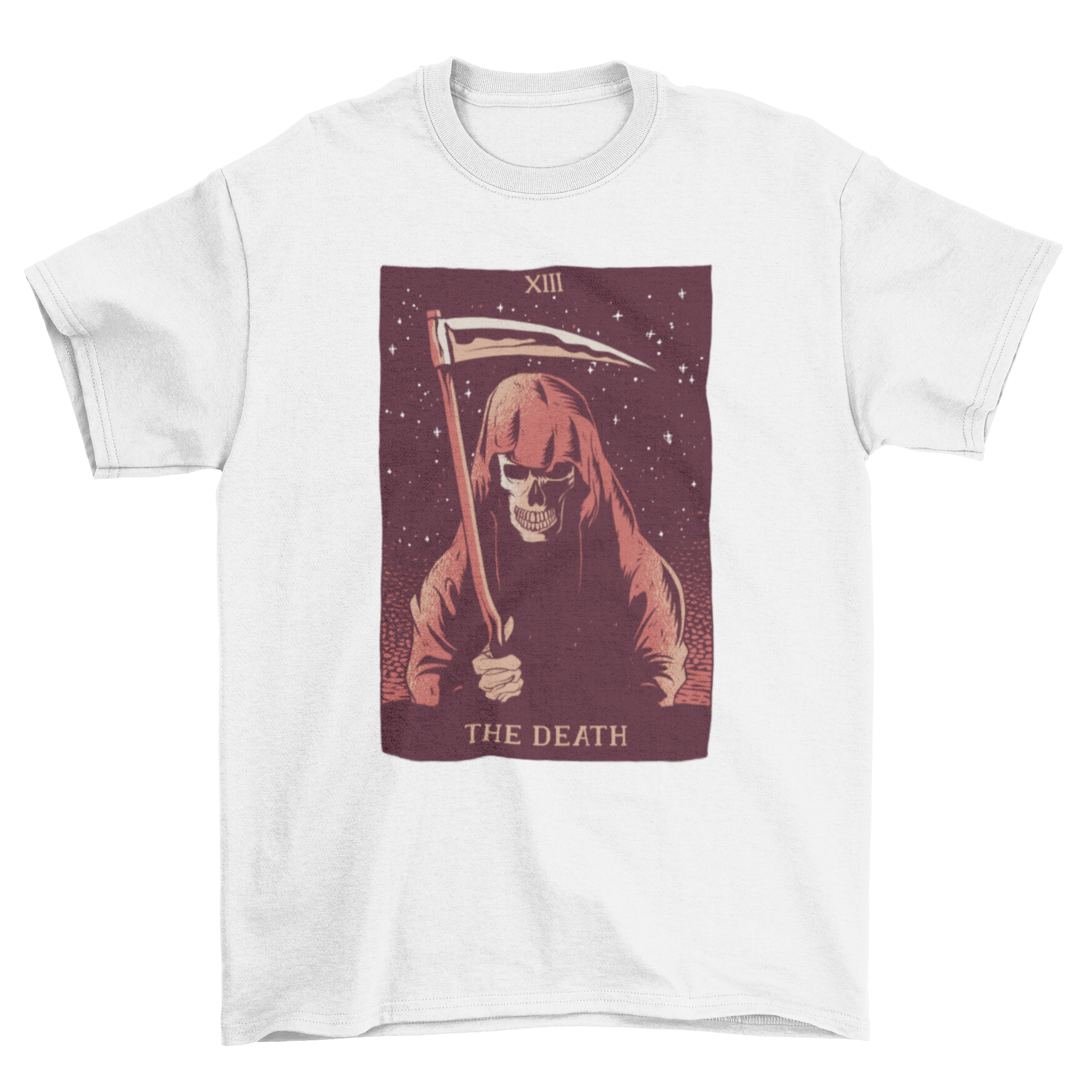 Astrology-themed t-shirt featuring an illustration of 'The Death' tarot card, showcasing intricate designs and vibrant colors.