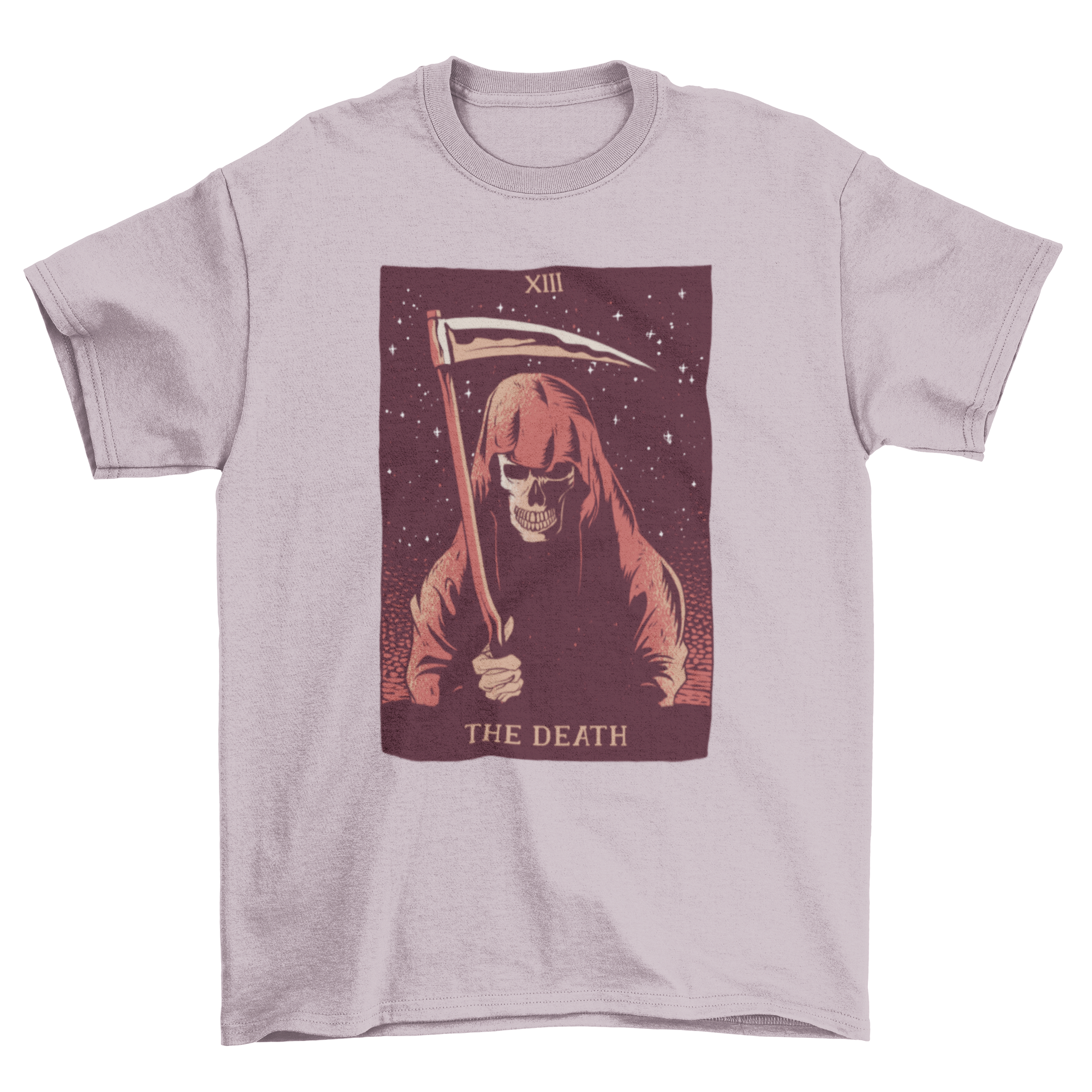 Astrology-themed t-shirt featuring an illustration of 'The Death' tarot card, showcasing intricate designs and vibrant colors.