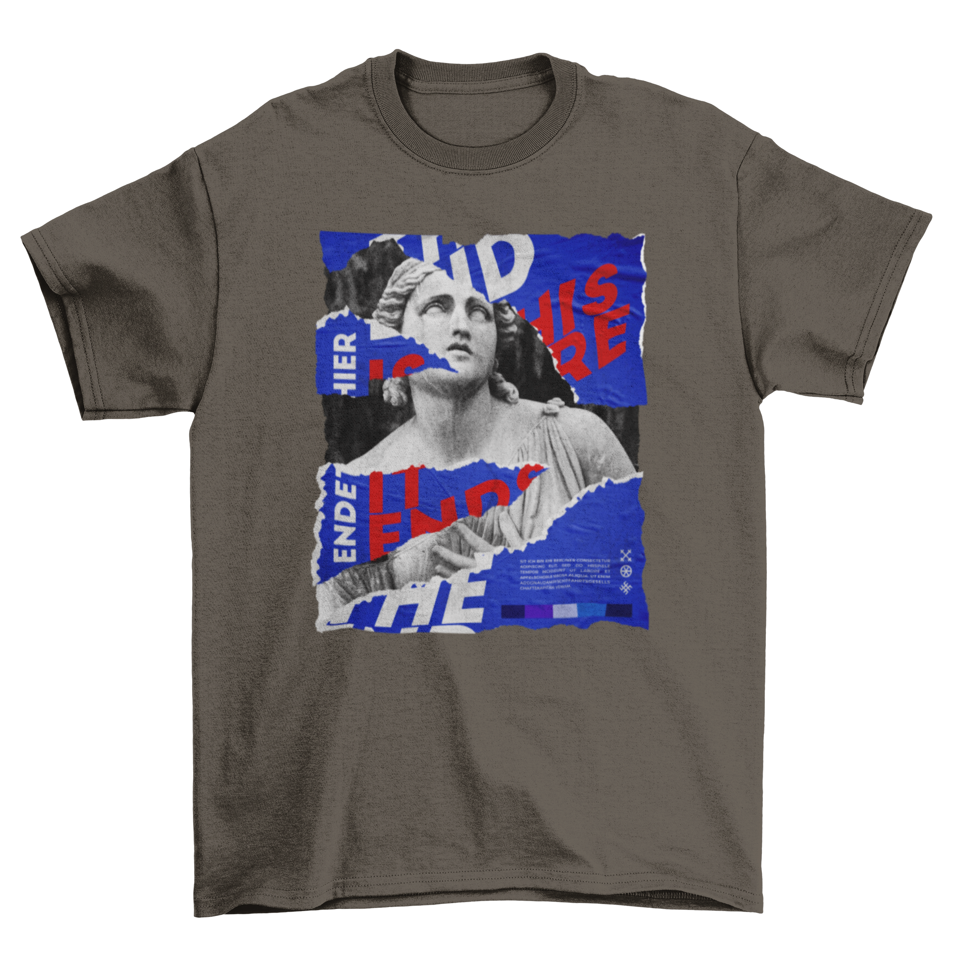 A stylish t-shirt featuring a statue design with a ripped paper effect in a photographic style.