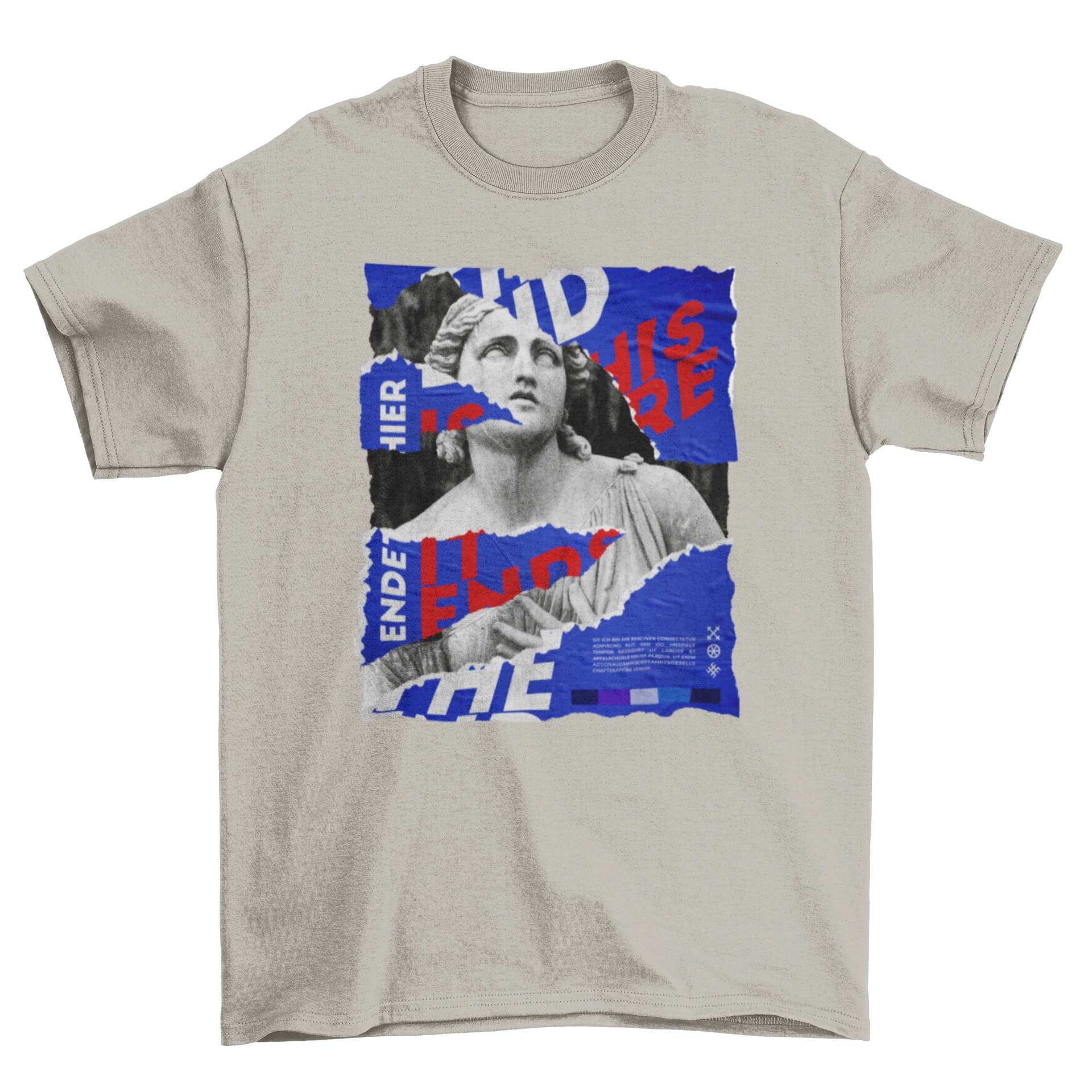 A stylish t-shirt featuring a statue design with a ripped paper effect in a photographic style.