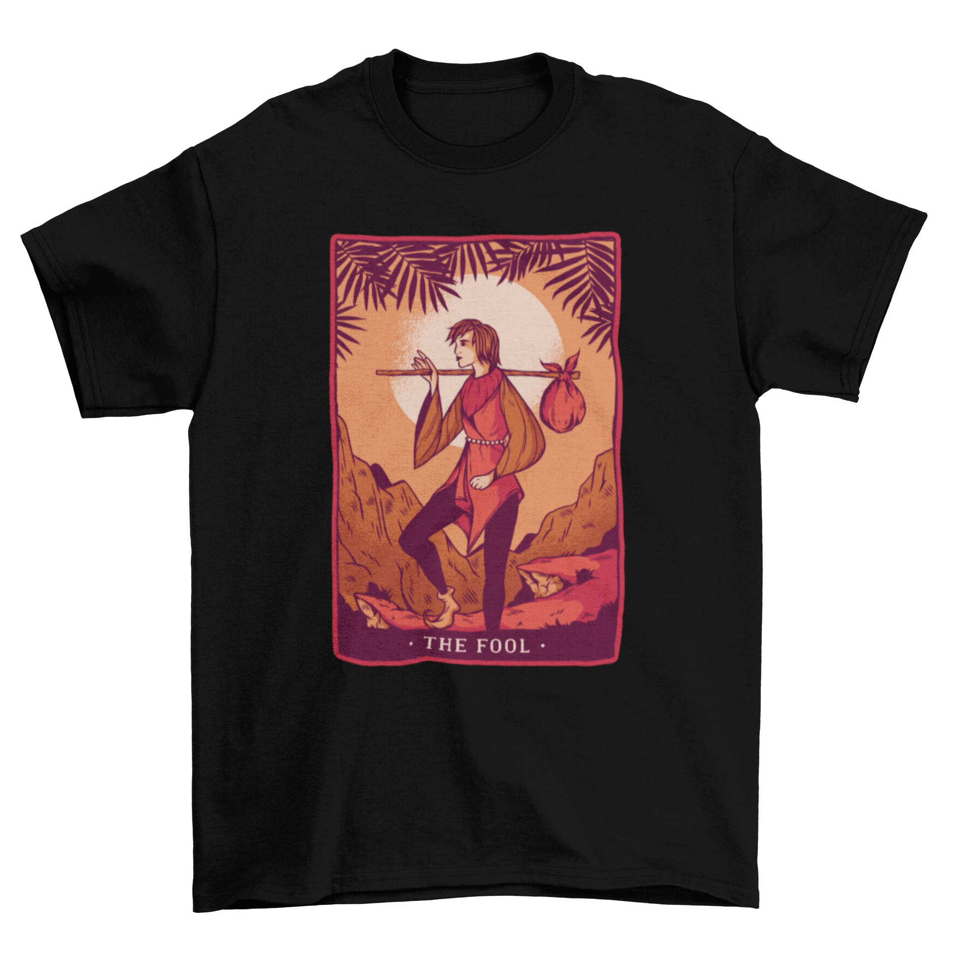 The Fool Tarot T-Shirt featuring a man carrying a load, symbolizing adventure and new beginnings.