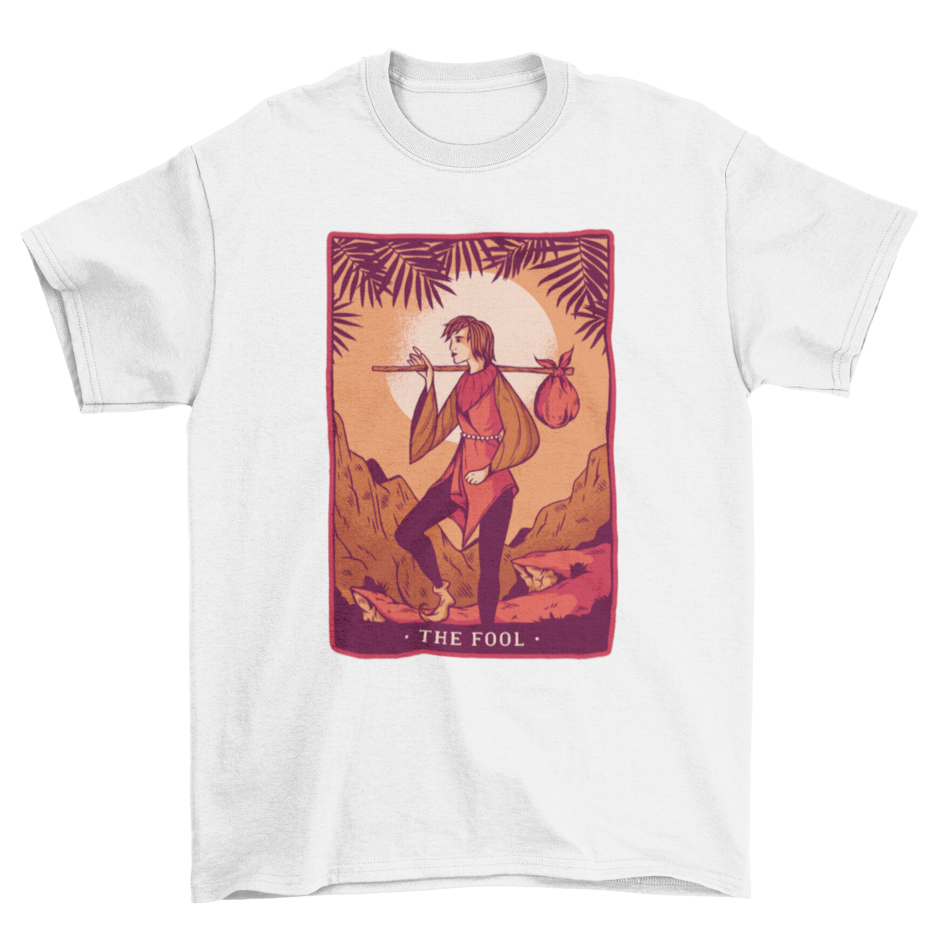 The Fool Tarot T-Shirt featuring a man carrying a load, symbolizing adventure and new beginnings.