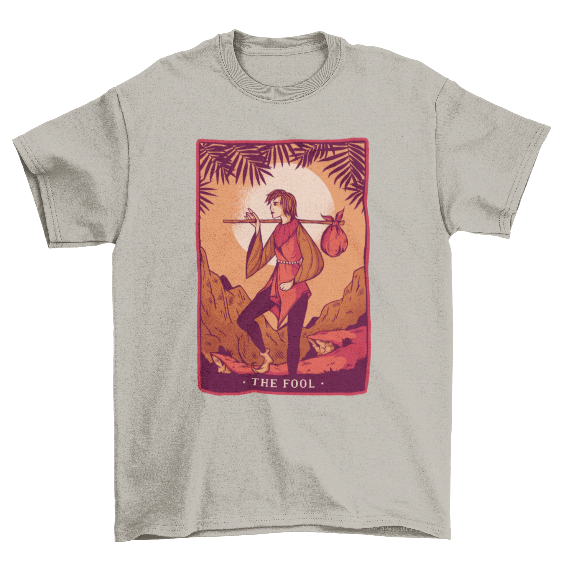 The Fool Tarot T-Shirt featuring a man carrying a load, symbolizing adventure and new beginnings.