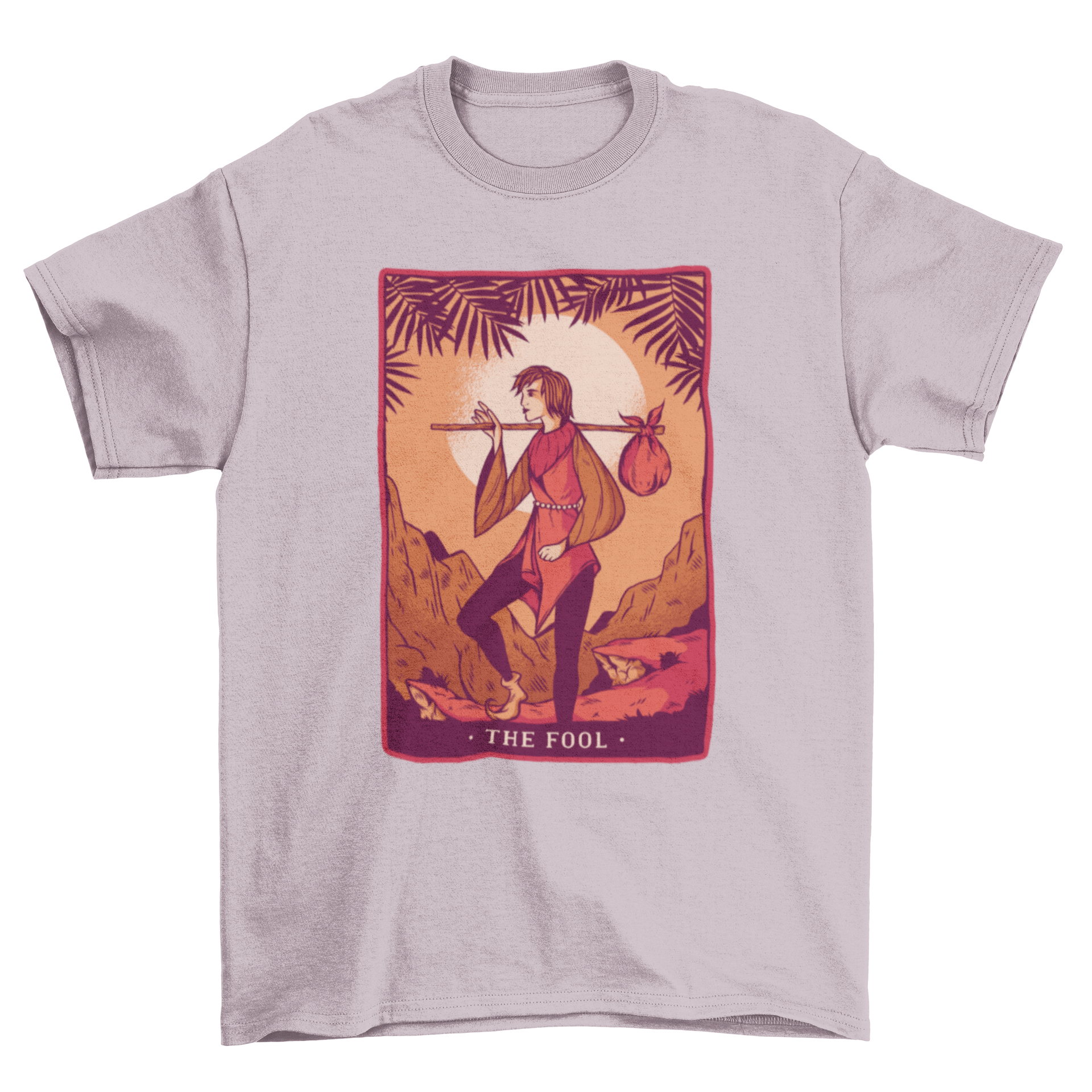 The Fool Tarot T-Shirt featuring a man carrying a load, symbolizing adventure and new beginnings.