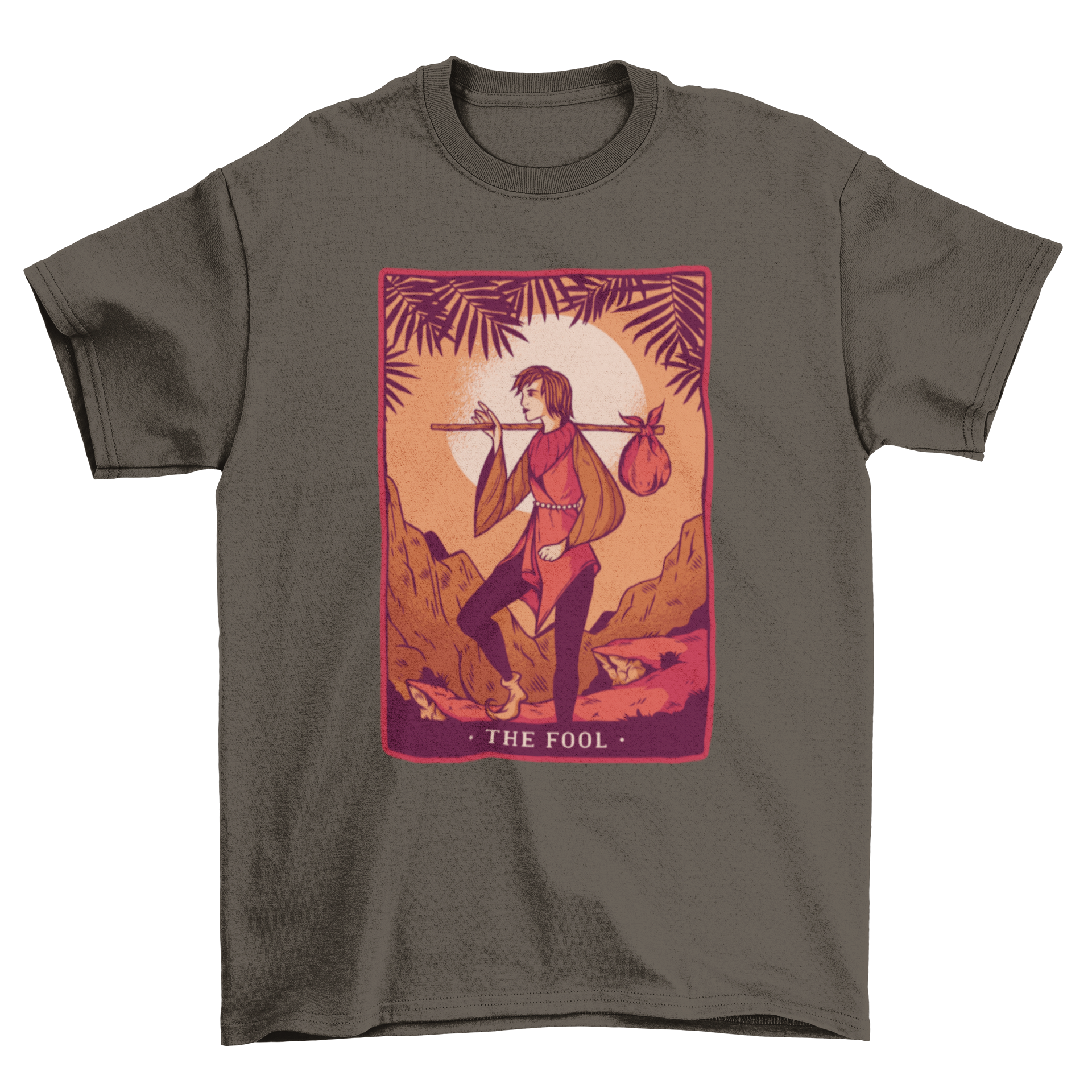 The Fool Tarot T-Shirt featuring a man carrying a load, symbolizing adventure and new beginnings.