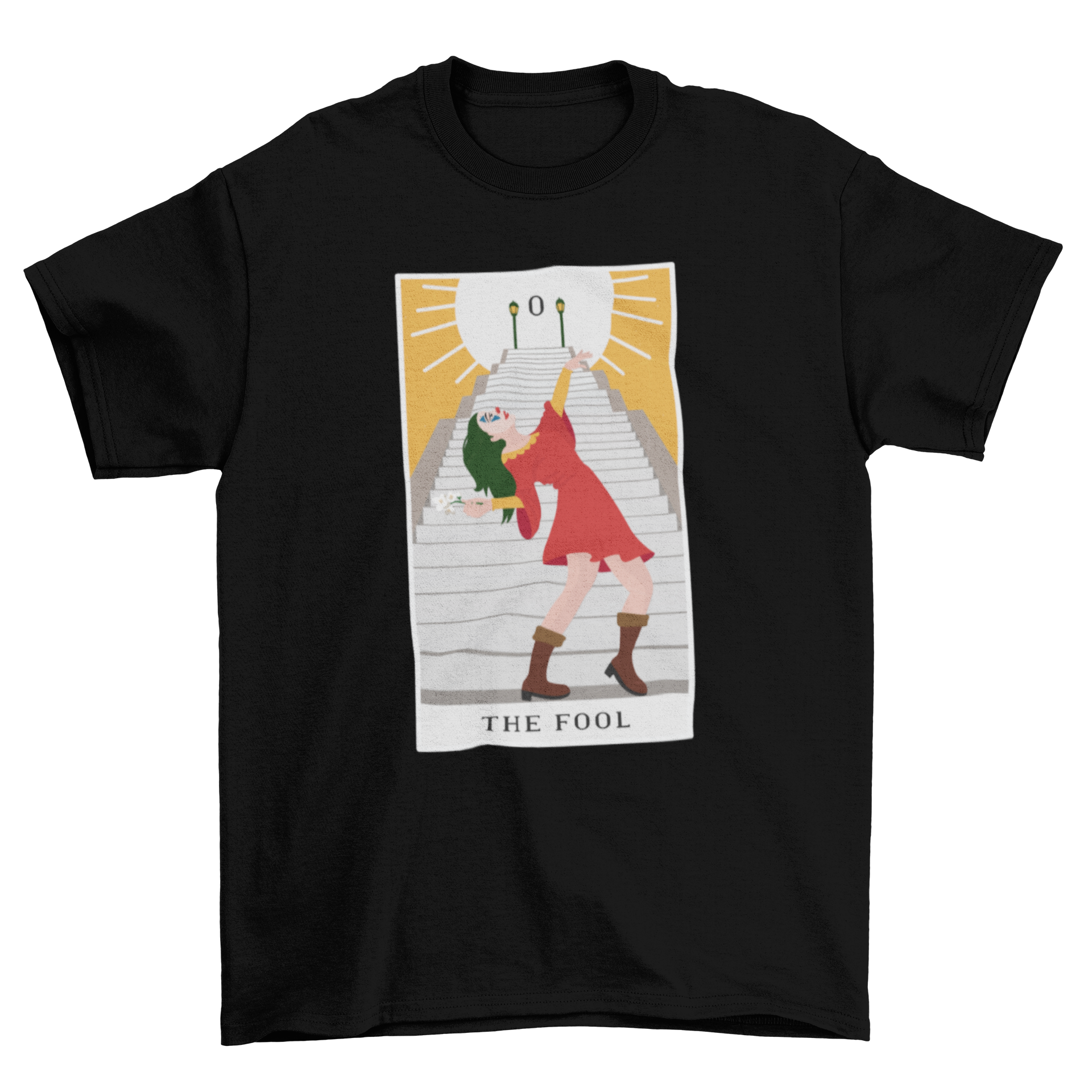 A stylish t-shirt featuring an artistic illustration of 'The Fool' tarot card, showcasing vibrant colors and intricate details.