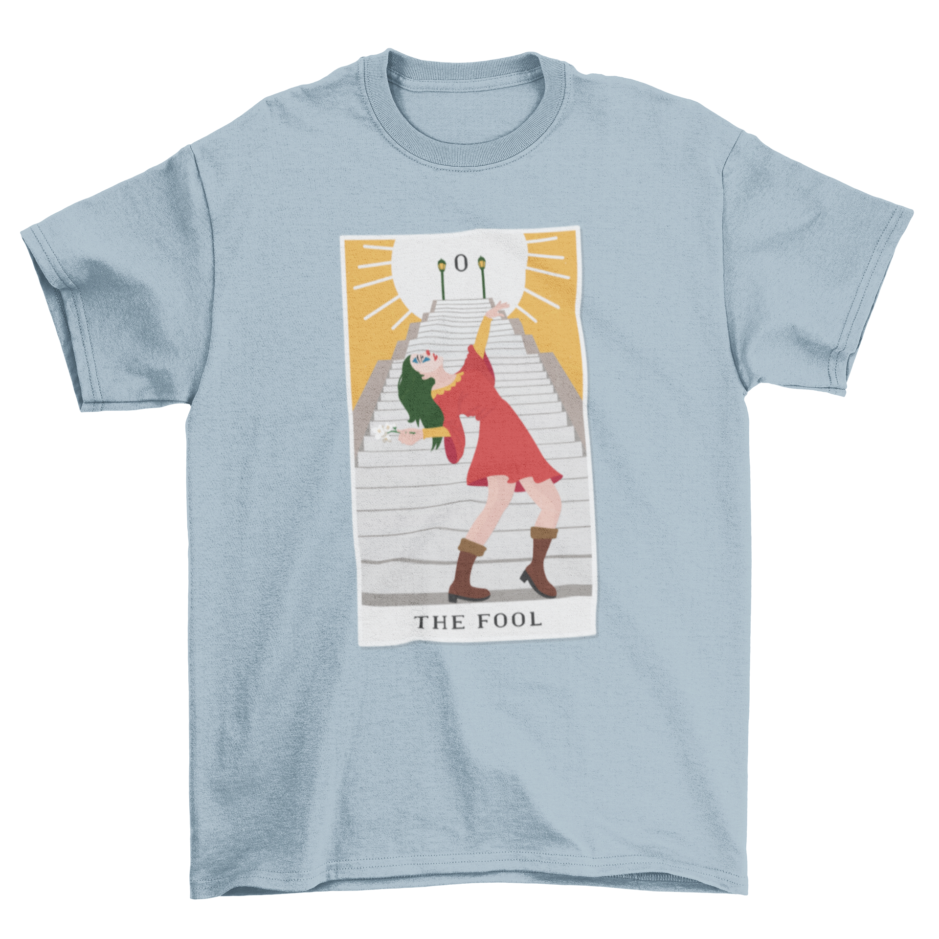 A stylish t-shirt featuring an artistic illustration of 'The Fool' tarot card, showcasing vibrant colors and intricate details.