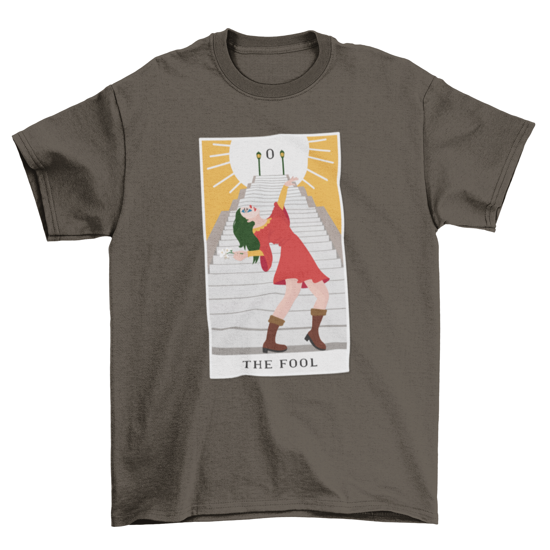 A stylish t-shirt featuring an artistic illustration of 'The Fool' tarot card, showcasing vibrant colors and intricate details.