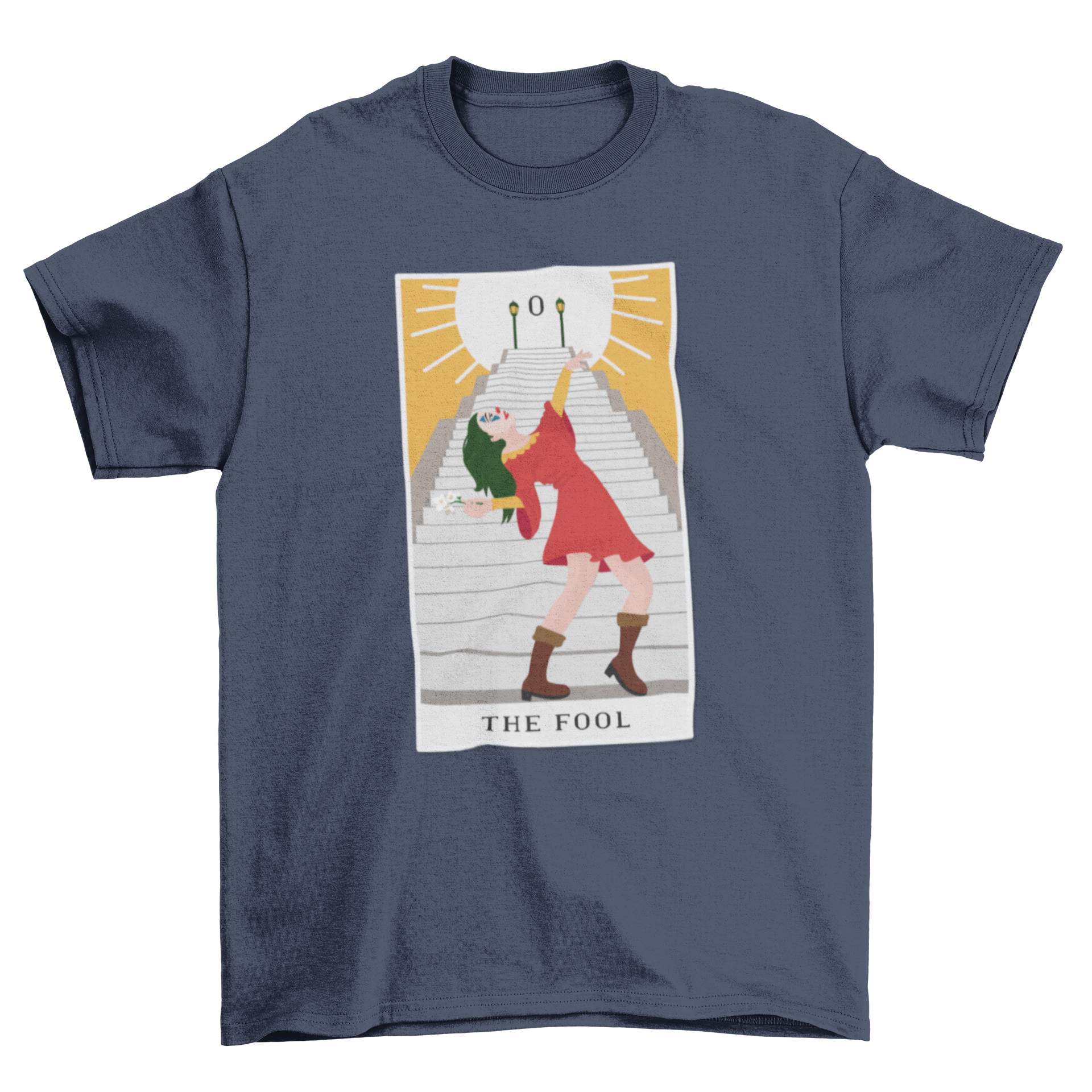 A stylish t-shirt featuring an artistic illustration of 'The Fool' tarot card, showcasing vibrant colors and intricate details.