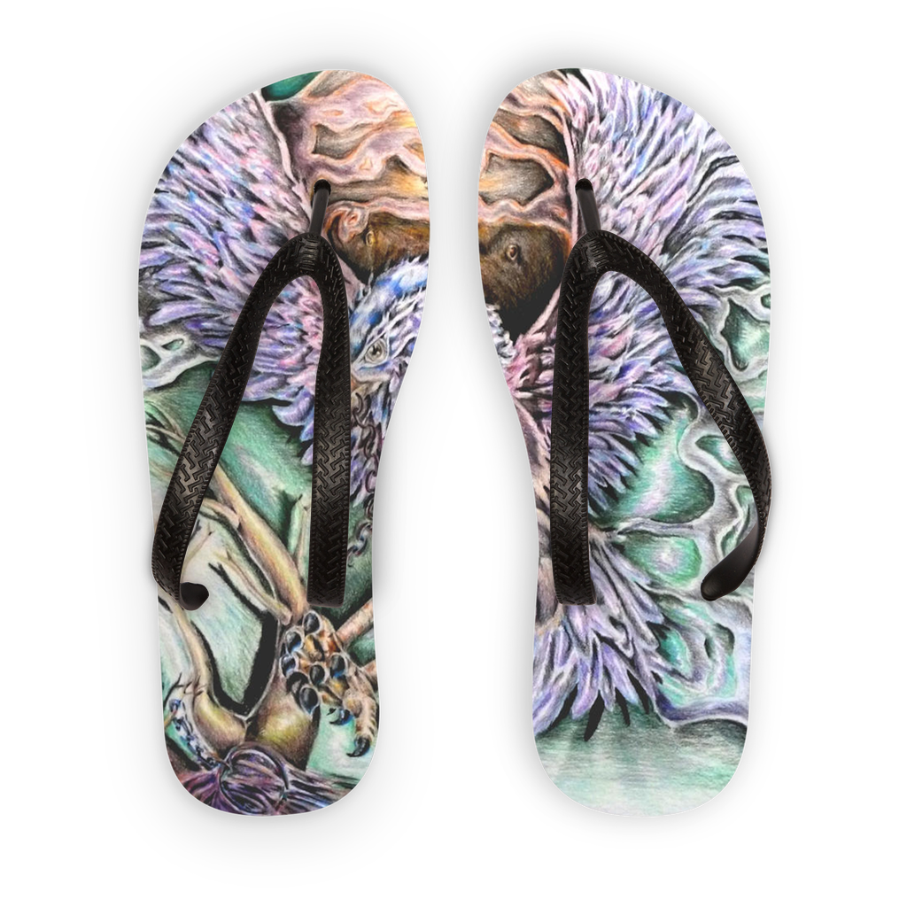 The Hawk Adult Flip Flops featuring customizable printed fabric and soft black or orange straps, perfect for poolside wear.