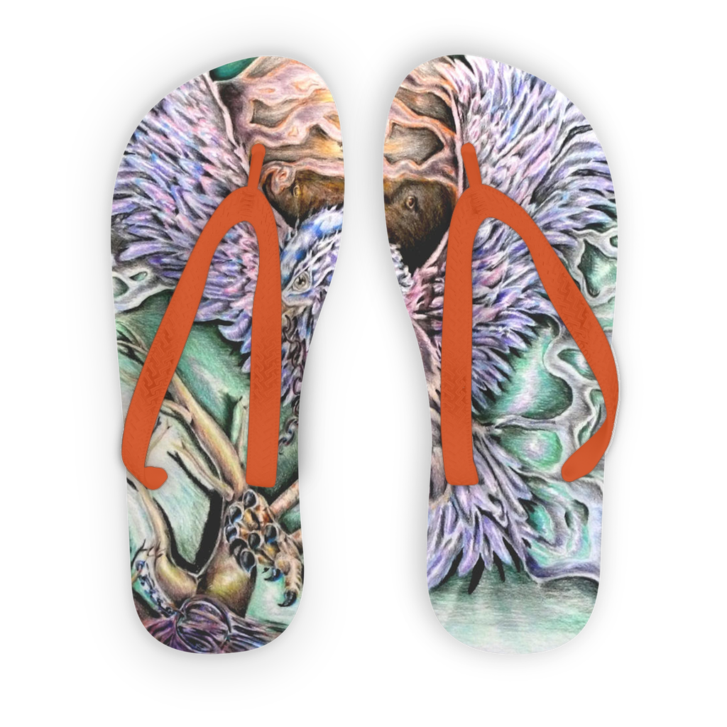 The Hawk Adult Flip Flops featuring customizable printed fabric and soft black or orange straps, perfect for poolside wear.