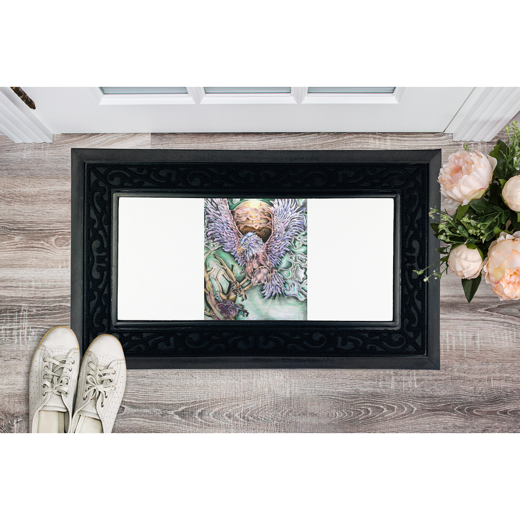 The Hawk Sublimation Heavy Duty Door Mat featuring a removable printable fabric center and a stylish brush border, designed for durability and customization.